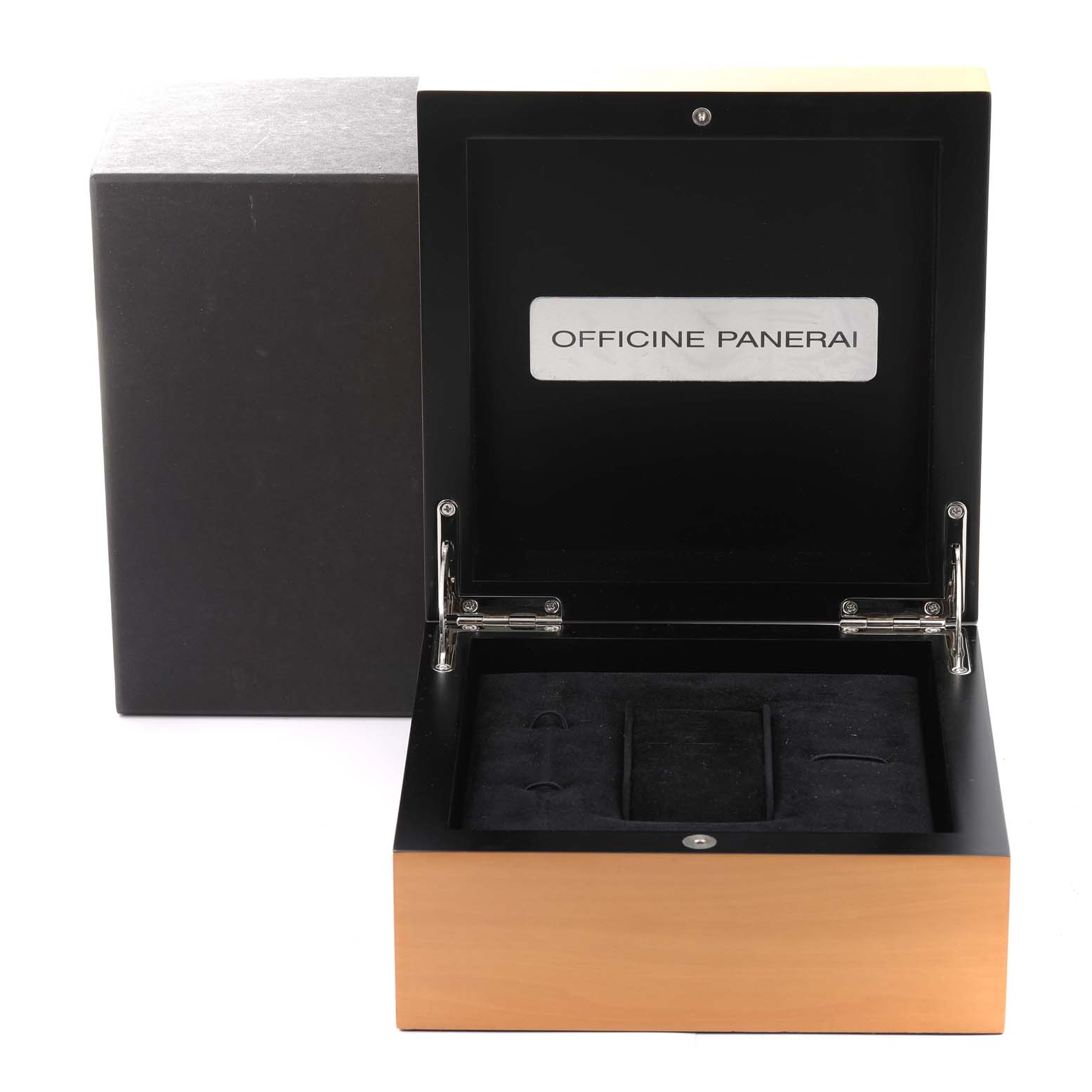 The image shows an open watch box for a Panerai Luminor PAM01305 Men
s Titanium Black Dial PAM01305 Men
s Titanium Black Dial model, highlighting the storage slots and the "OFFICINE PANERAI" inscription.