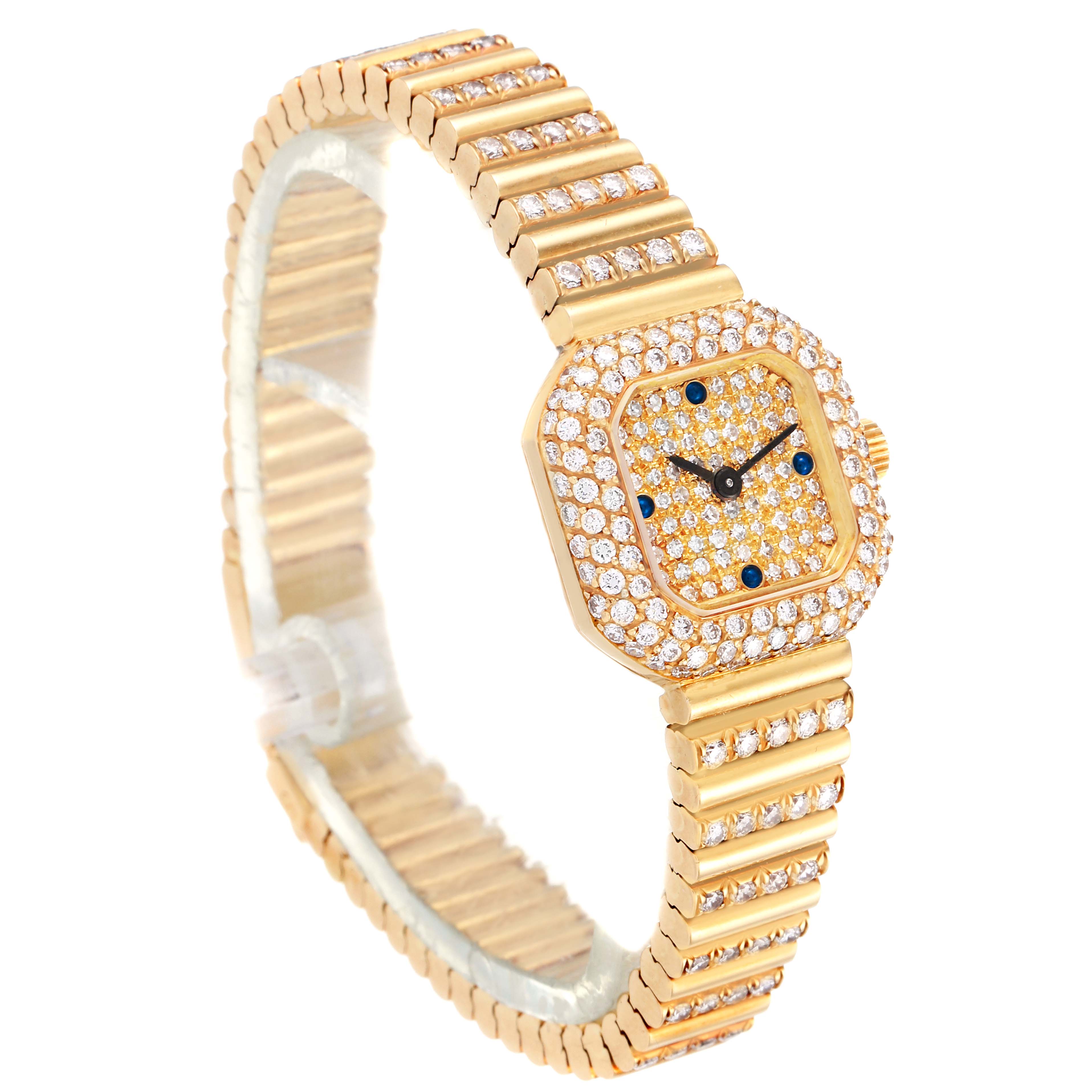 The image shows a Patek Philippe Vintage 4628/5 Women's Yellow Gold  4628/5 Women's Yellow Gold  watch in an angled, three-quarter view, highlighting its gold and diamond-encrusted case and band.