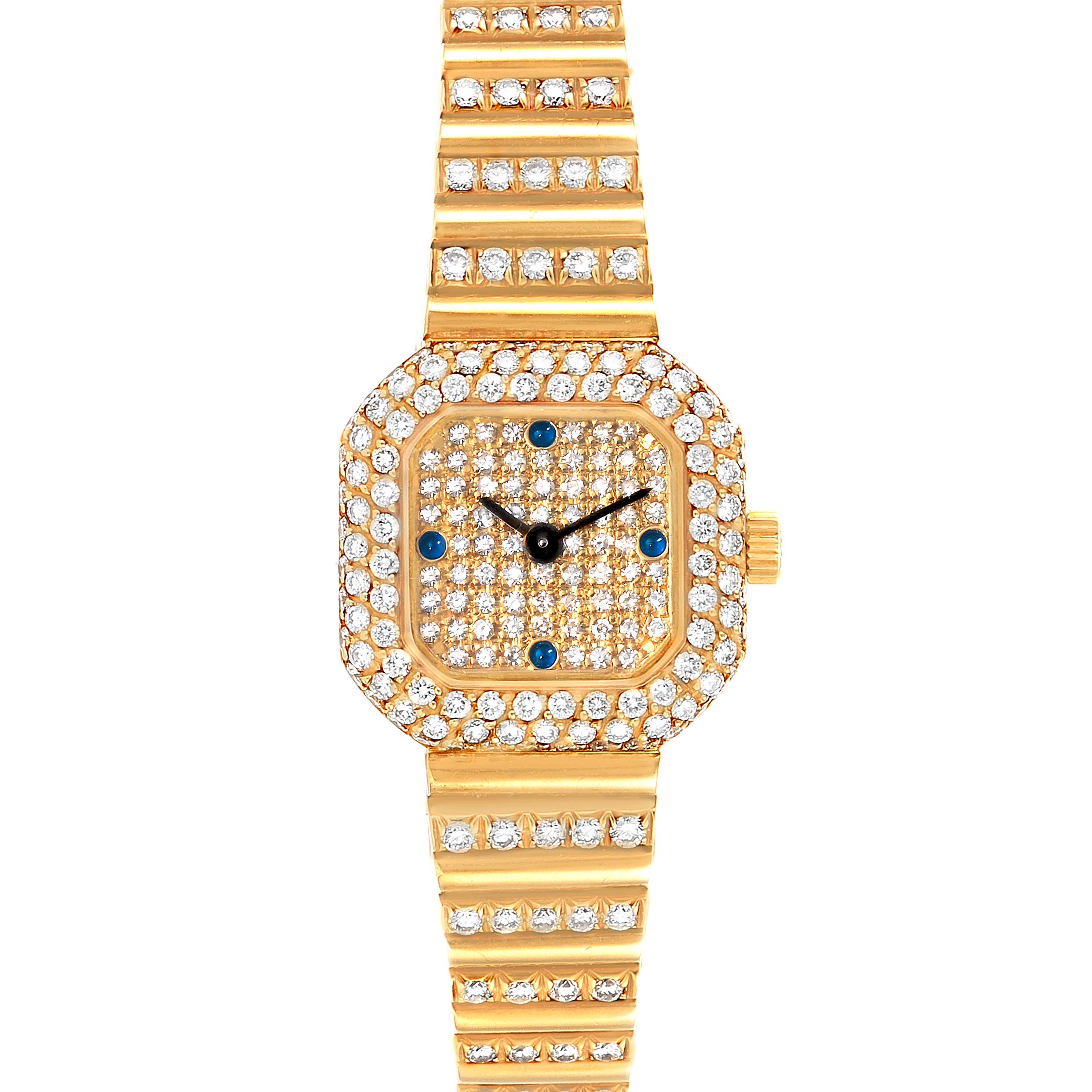 The image shows a frontal view of a Vintage Patek Philippe watch, featuring a diamond-encrusted bracelet, bezel, and dial.