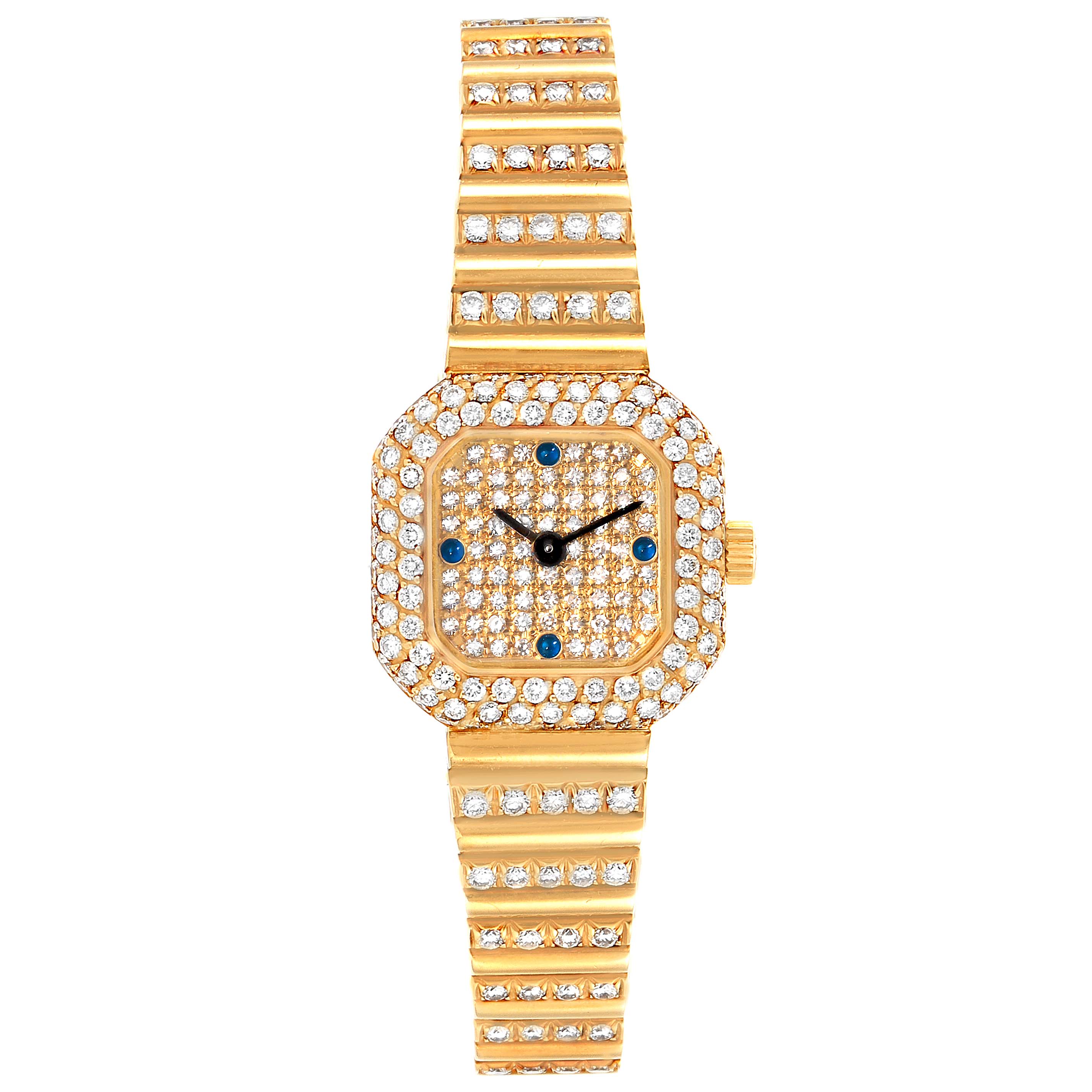 The image shows a front view of a vintage Patek Philippe watch with a diamond-studded case and bracelet.