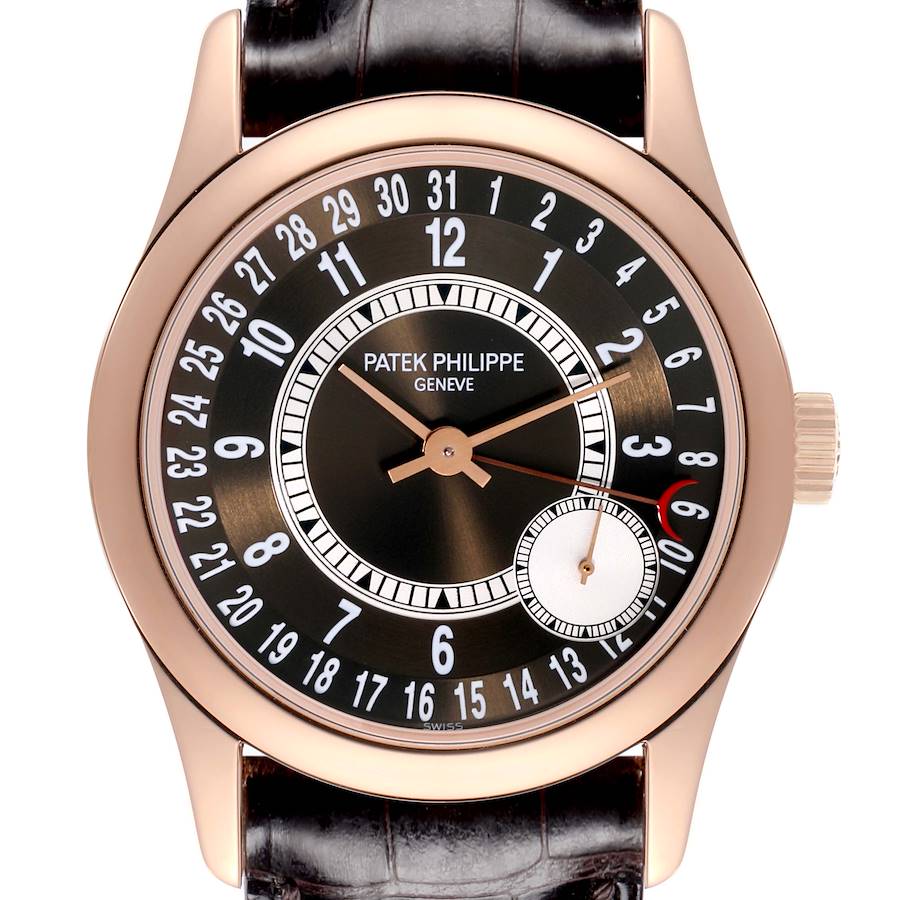 The image shows a front view of the Patek Philippe Calatrava watch, highlighting the dial, hands, and date indicator.