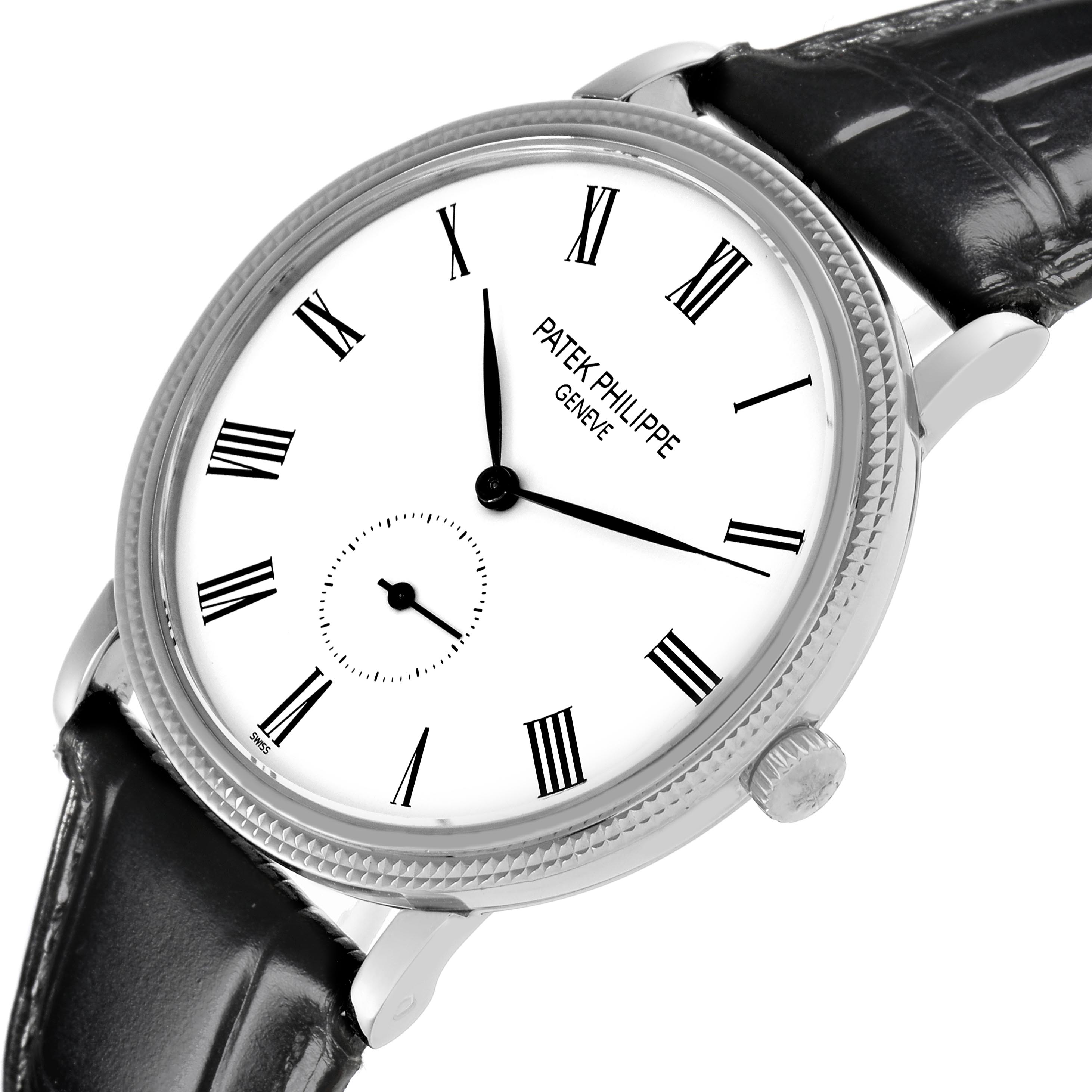 The Patek Philippe Calatrava 5119G-001 Men's White Gold White Dial 5119G-001 Men's White Gold White Dial watch is shown from a tilted angle, highlighting the face, case, bezel, crown, and leather strap.