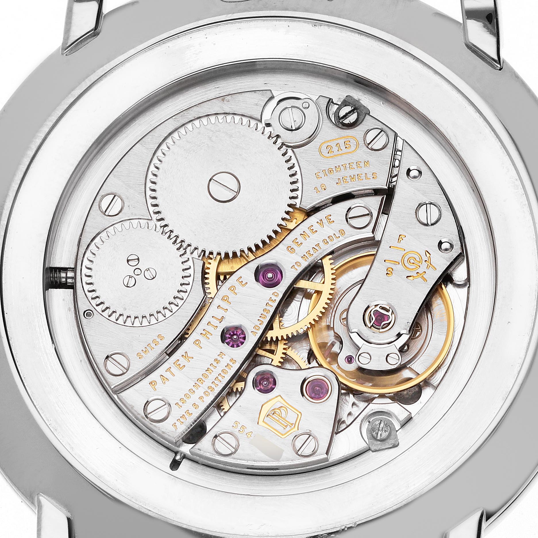 The image shows the movement and intricate gears of a Patek Philippe Calatrava 5119G-001 Men's White Gold White Dial 5119G-001 Men's White Gold White Dial watch from the back.