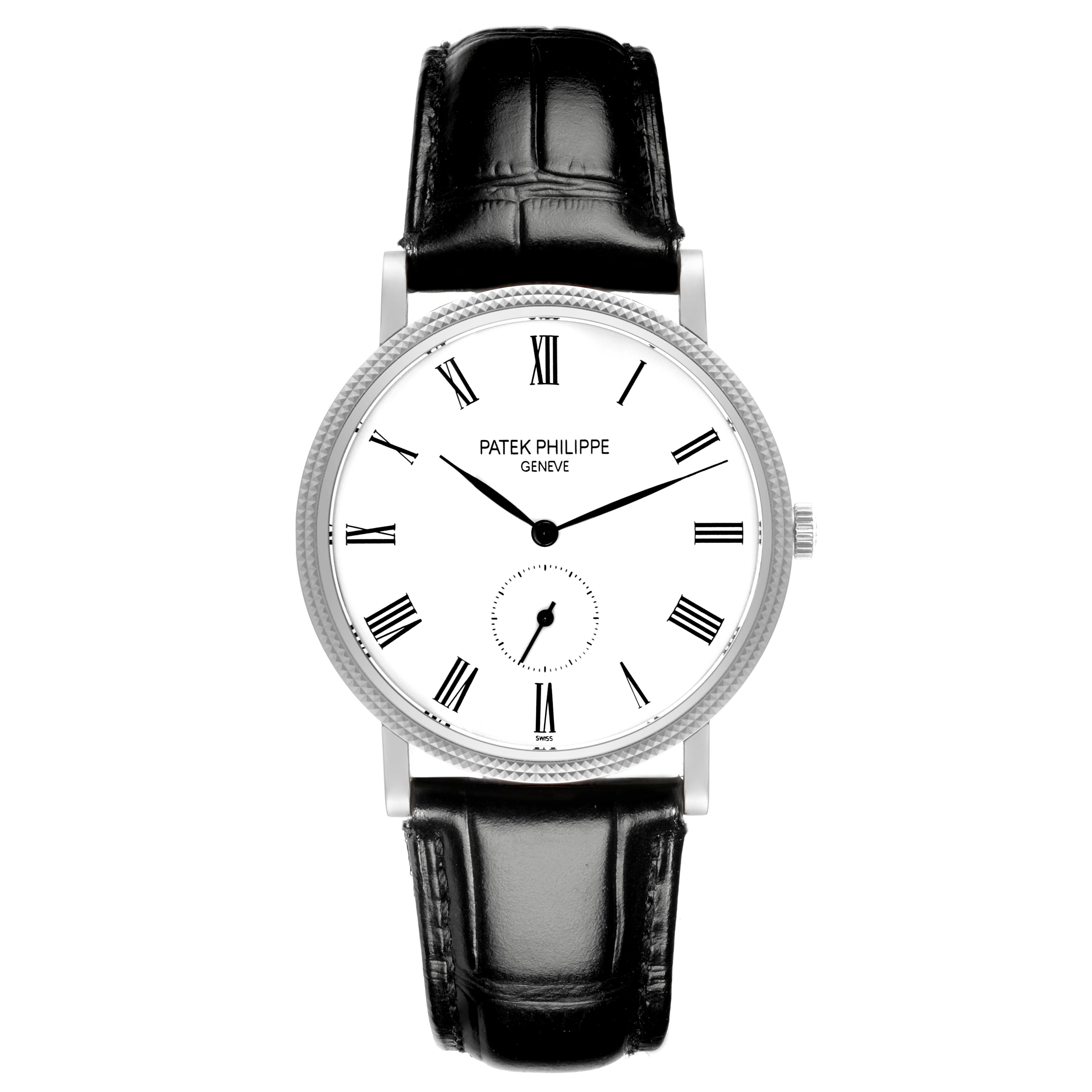 The image shows a Patek Philippe Calatrava 5119G-001 Men's White Gold White Dial 5119G-001 Men's White Gold White Dial watch from a front view, highlighting the dial, Roman numerals, and leather strap.