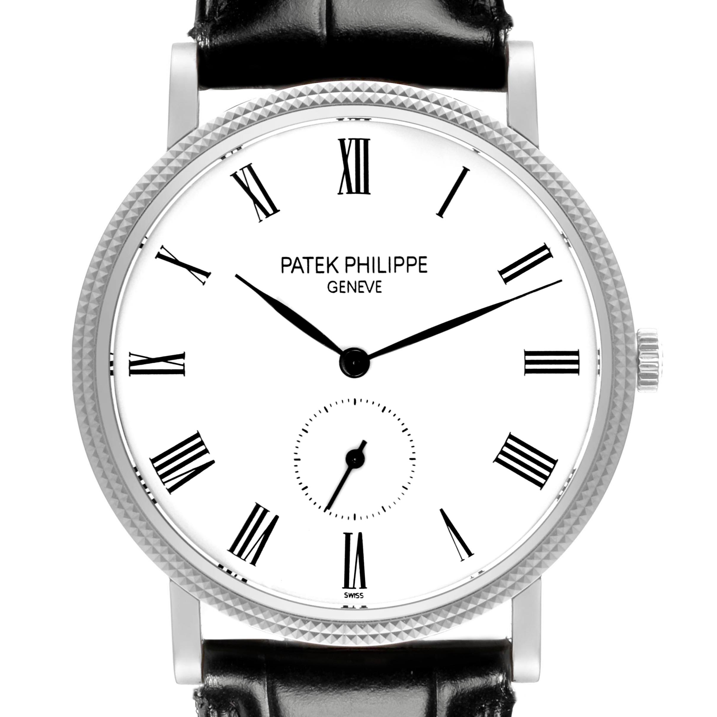 The image shows a frontal view of the Patek Philippe Calatrava 5119G-001 Men's White Gold White Dial 5119G-001 Men's White Gold White Dial watch, highlighting the dial, Roman numerals, hands, and crown.