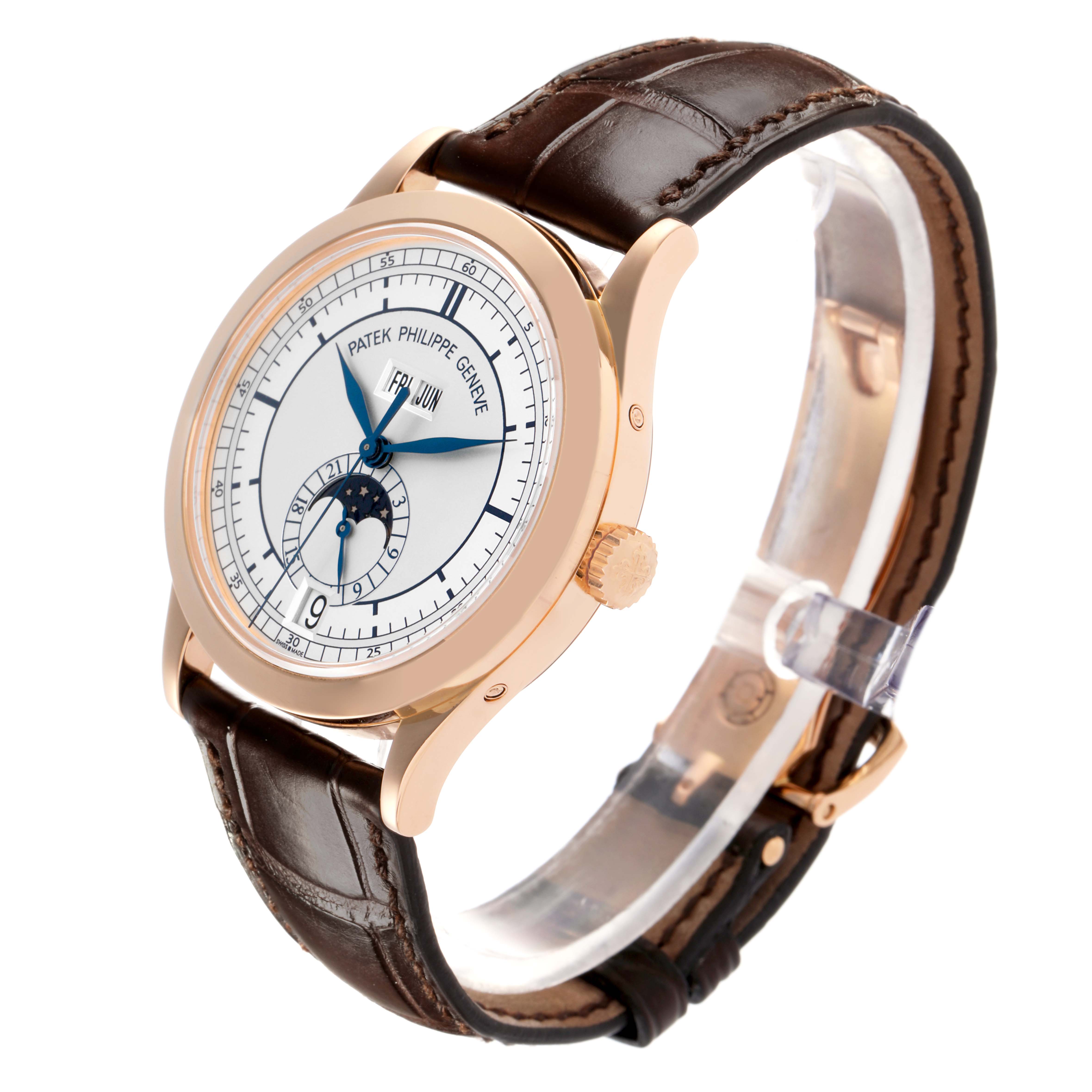 The Patek Philippe Complications 5396R-001 Men's Rose Gold Silver Dial 5396R-001 Men's Rose Gold Silver Dial watch is shown from a three-quarter angle, featuring the face, crown, and leather strap.