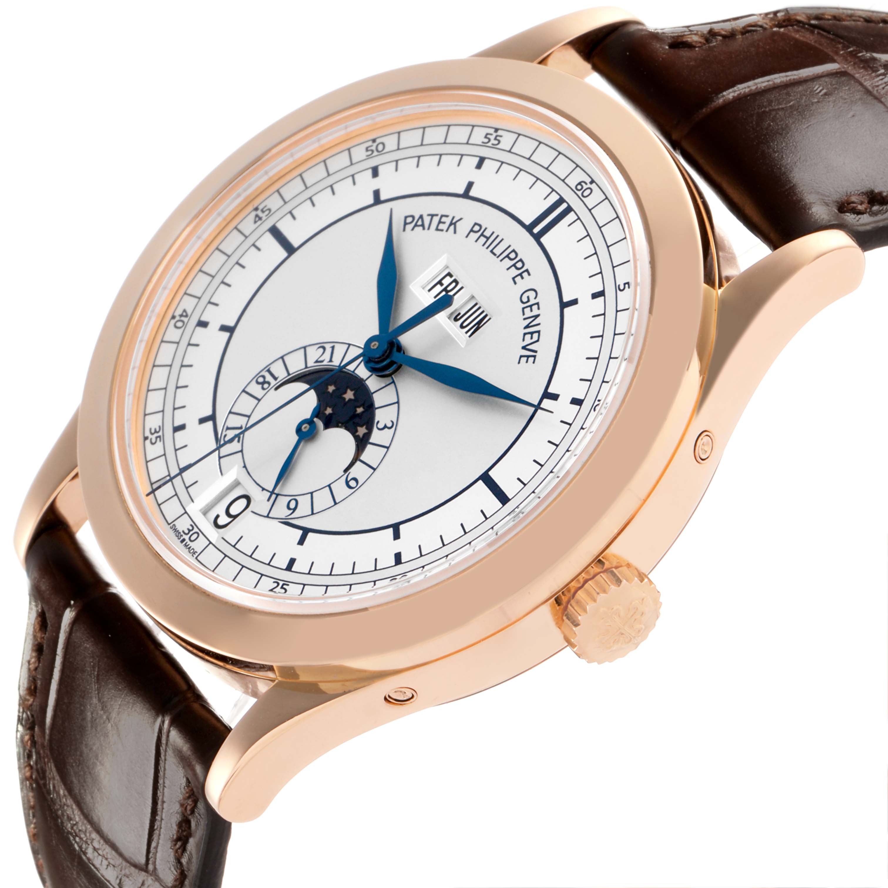 The Patek Philippe Complications 5396R-001 Men's Rose Gold Silver Dial 5396R-001 Men's Rose Gold Silver Dial watch is shown at an angle displaying the face, crown, lugs, and part of the leather strap.