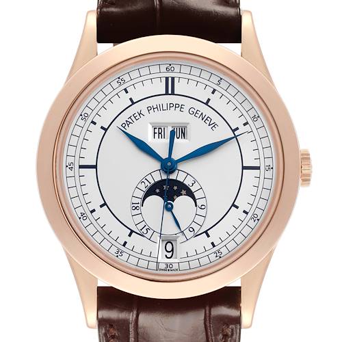 The Patek Philippe Complications watch is shown from the front, displaying the dial, hands, date window, and moon phase.