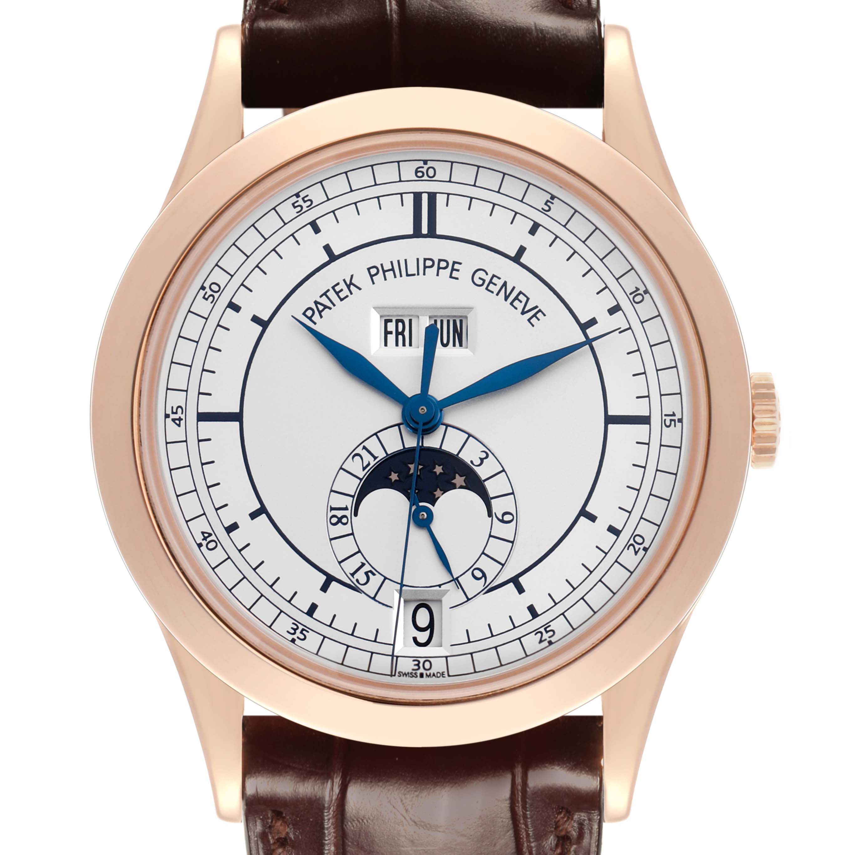 The Patek Philippe Complications 5396R-001 Men's Rose Gold Silver Dial 5396R-001 Men's Rose Gold Silver Dial watch is shown from the front, highlighting its dial, hands, day/date display, and moon phase.