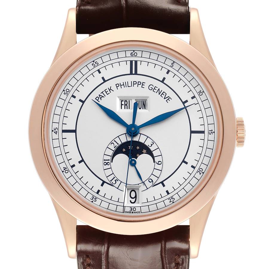 The Patek Philippe Complications watch is shown from the front, highlighting its dial, hands, day/date display, and moon phase.