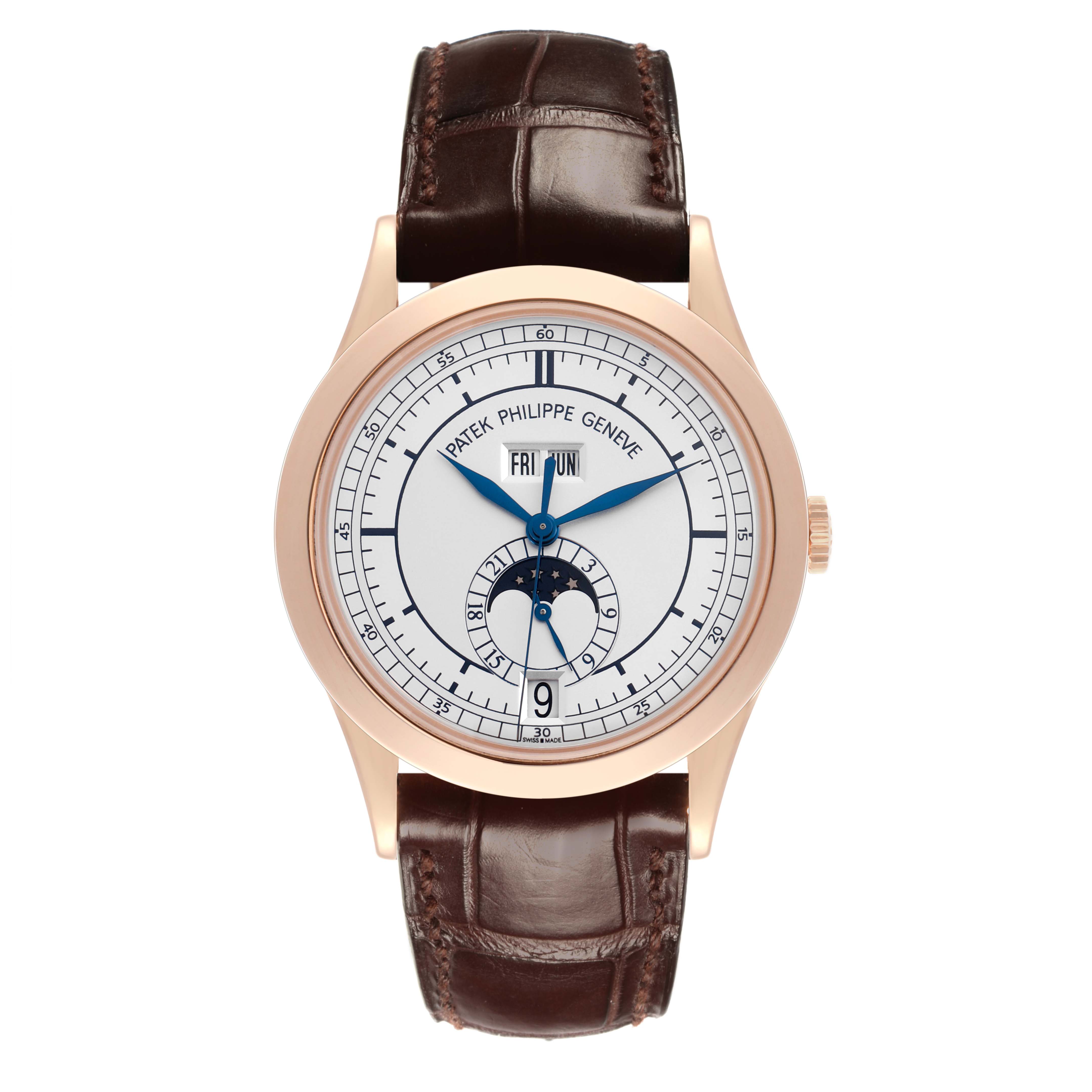 The image shows a Patek Philippe Complications 5396R-001 Men's Rose Gold Silver Dial 5396R-001 Men's Rose Gold Silver Dial watch from a front angle, highlighting its dial, case, and leather strap.