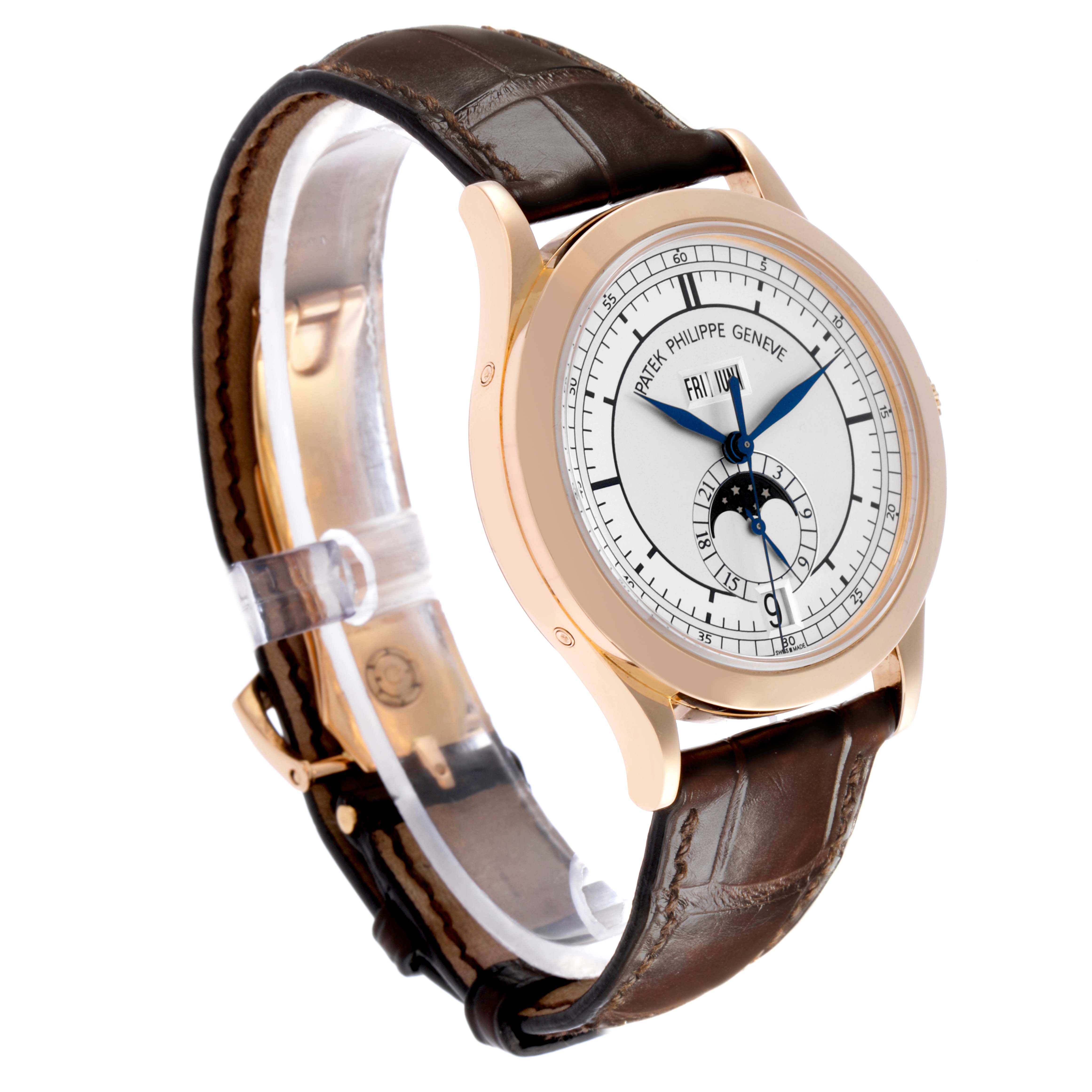 The Patek Philippe Complications 5396R-001 Men's Rose Gold Silver Dial 5396R-001 Men's Rose Gold Silver Dial watch is shown at a three-quarter angle, displaying the face, bezel, and leather strap.