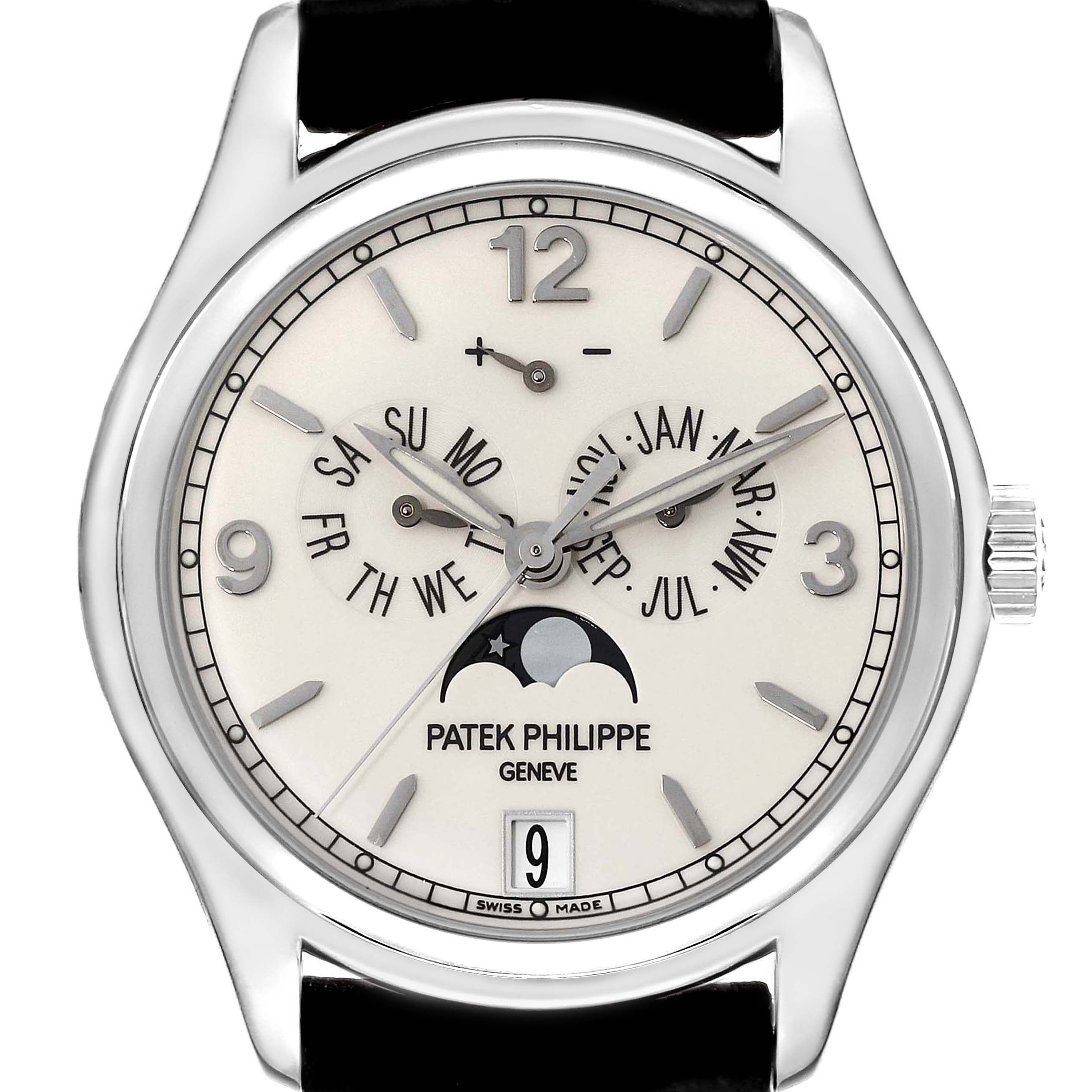 This image shows the front view of the Patek Philippe Complications 5146G Men's White Gold Beige Dial 5146G Men's White Gold Beige Dial watch, displaying its dial, hands, and date indicators.