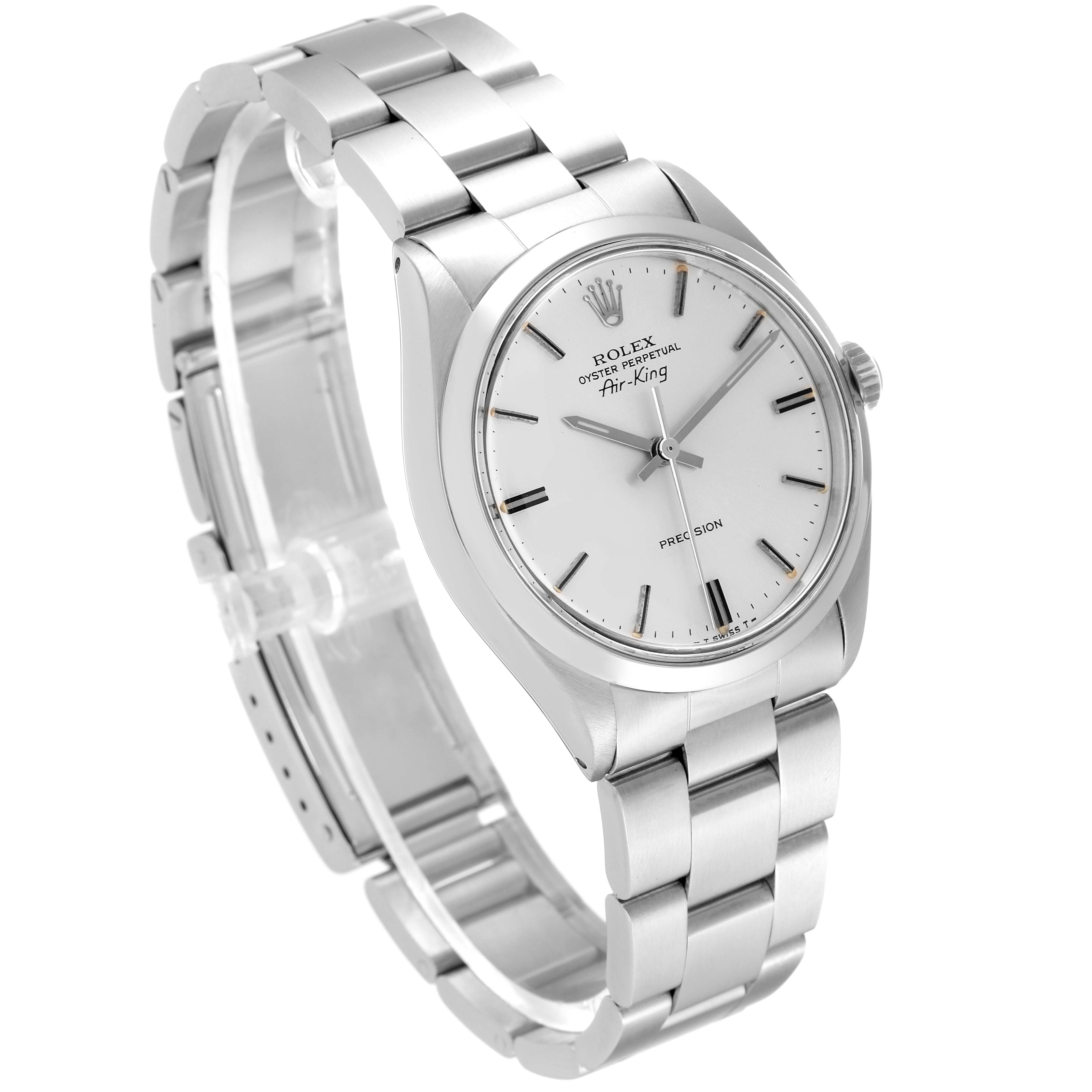 The image shows a side angle view of the Rolex Vintage Collection 5500 Men's Stainless Steel Silver Dial 5500 Men's Stainless Steel Silver Dial model "Air-King," featuring its stainless steel bracelet and white dial.