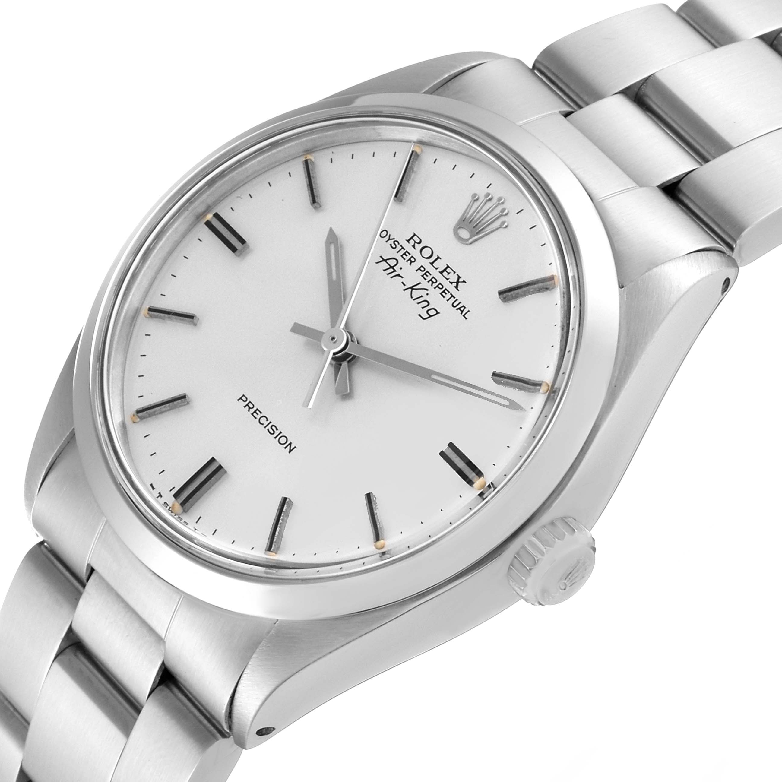 The image shows the face and bracelet of the Rolex Vintage Collection 5500 Men's Stainless Steel Silver Dial 5500 Men's Stainless Steel Silver Dial Oyster Perpetual Air-King watch at a slight angle.
