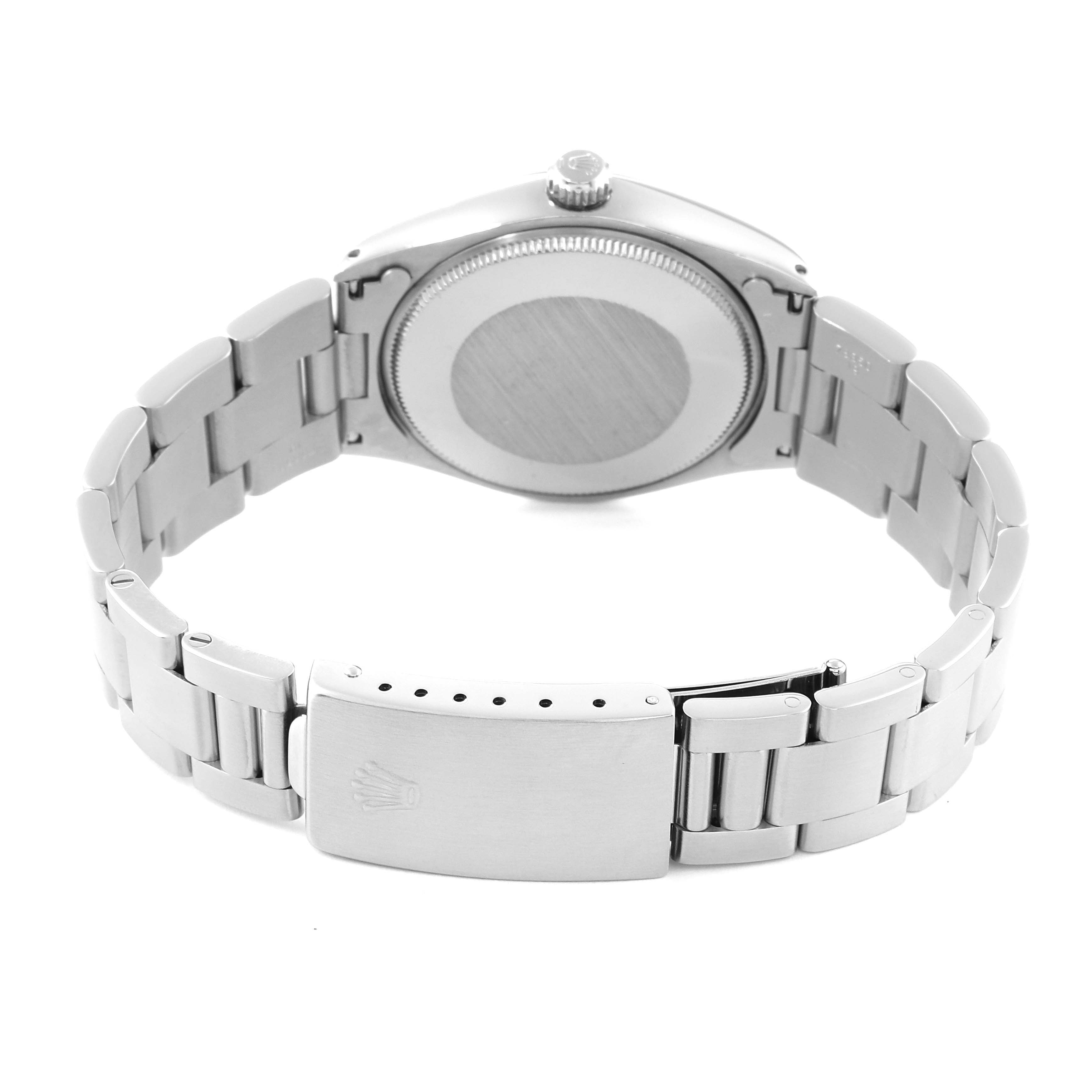 This image shows the backside and bracelet clasp of a Rolex Vintage Collection 5500 Men's Stainless Steel Silver Dial 5500 Men's Stainless Steel Silver Dial watch.