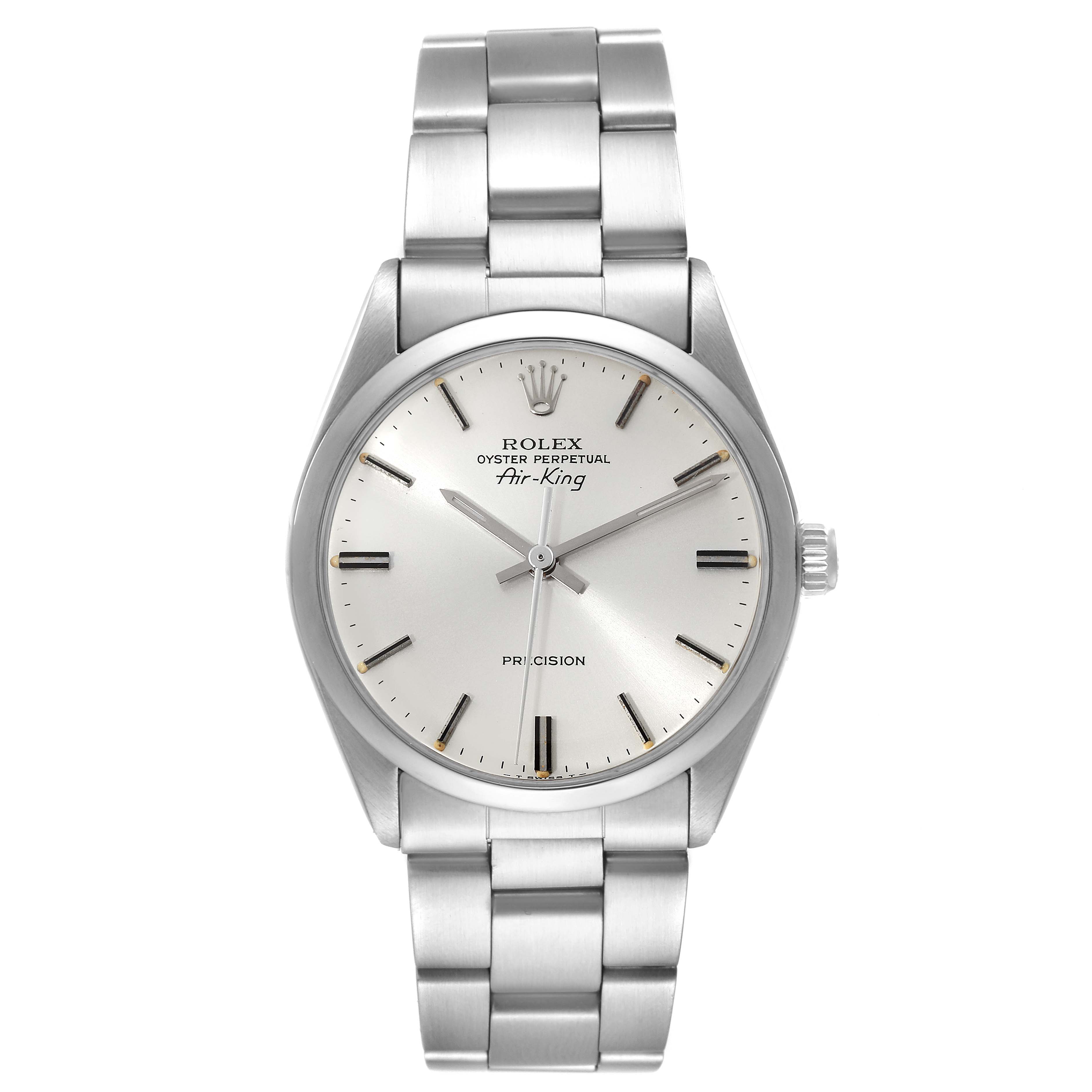 The image shows a front view of the Rolex Vintage Collection 5500 Men's Stainless Steel Silver Dial 5500 Men's Stainless Steel Silver Dial Oyster Perpetual Air-King watch, displaying the dial and bracelet.