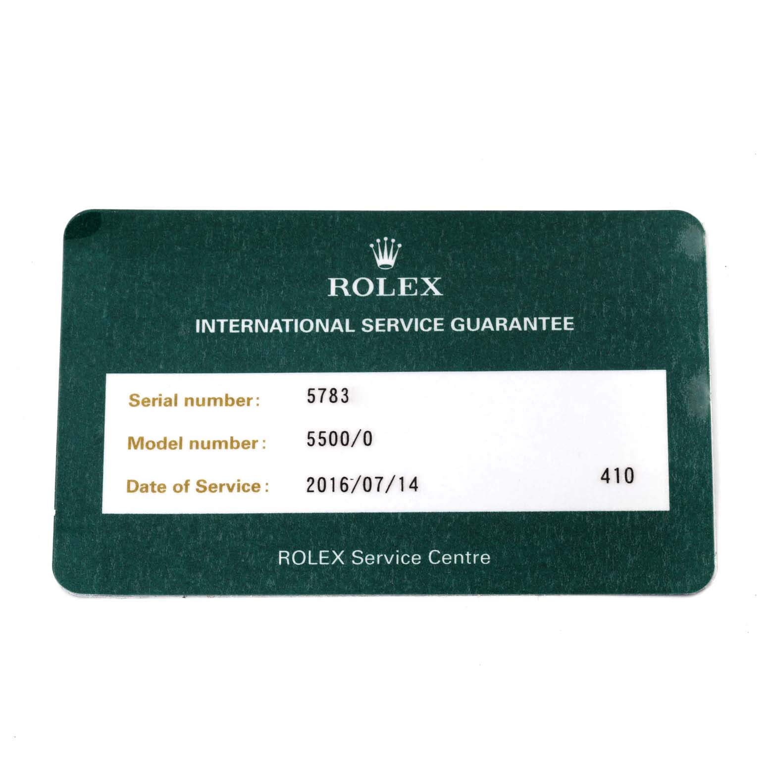 The image shows a Rolex International Service Guarantee card for the Vintage Collection model, displaying the serial number, model number, and date of service.