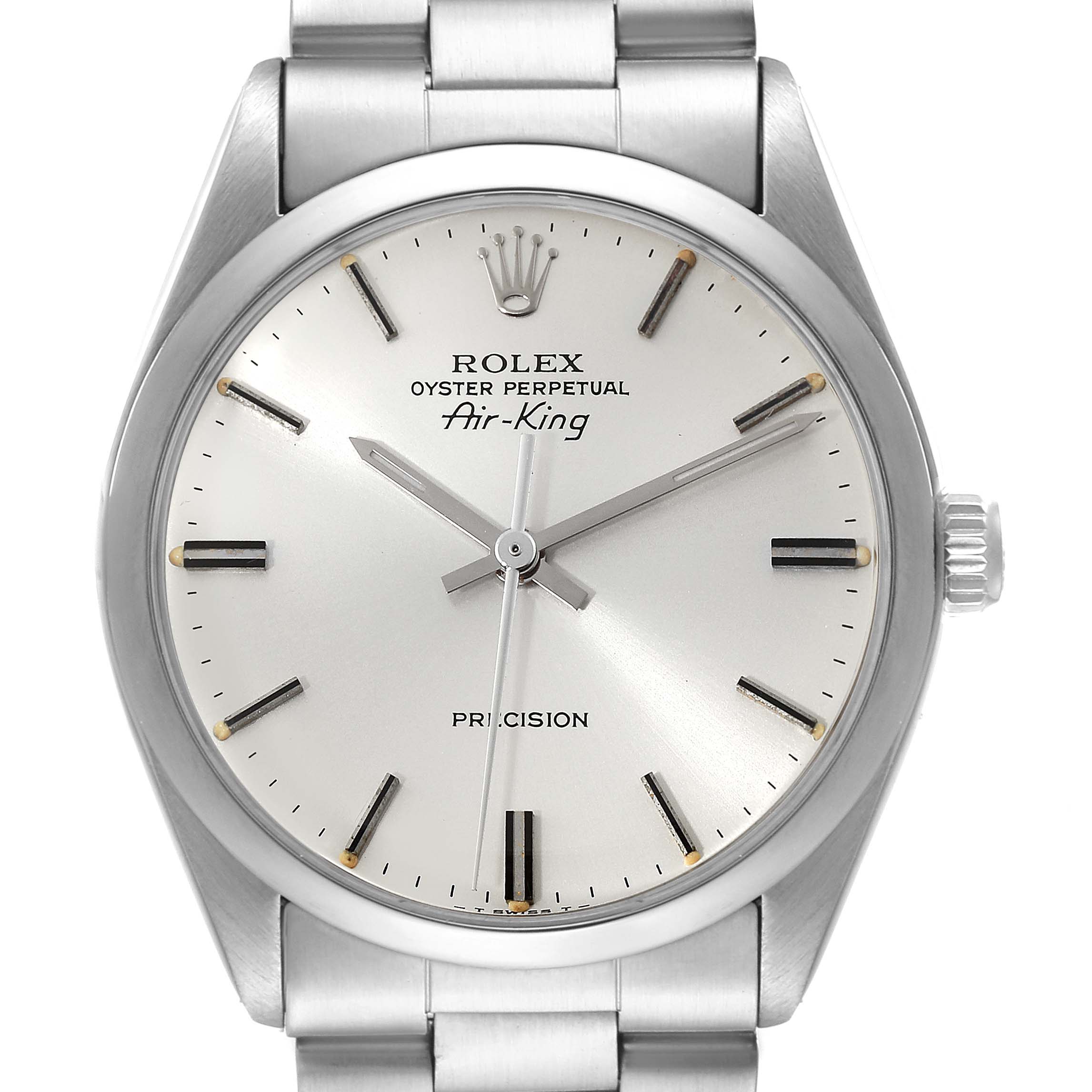 This image shows a front view of the Rolex Vintage Collection 5500 Men's Stainless Steel Silver Dial 5500 Men's Stainless Steel Silver Dial model, Air-King, highlighting the dial and part of the bracelet.