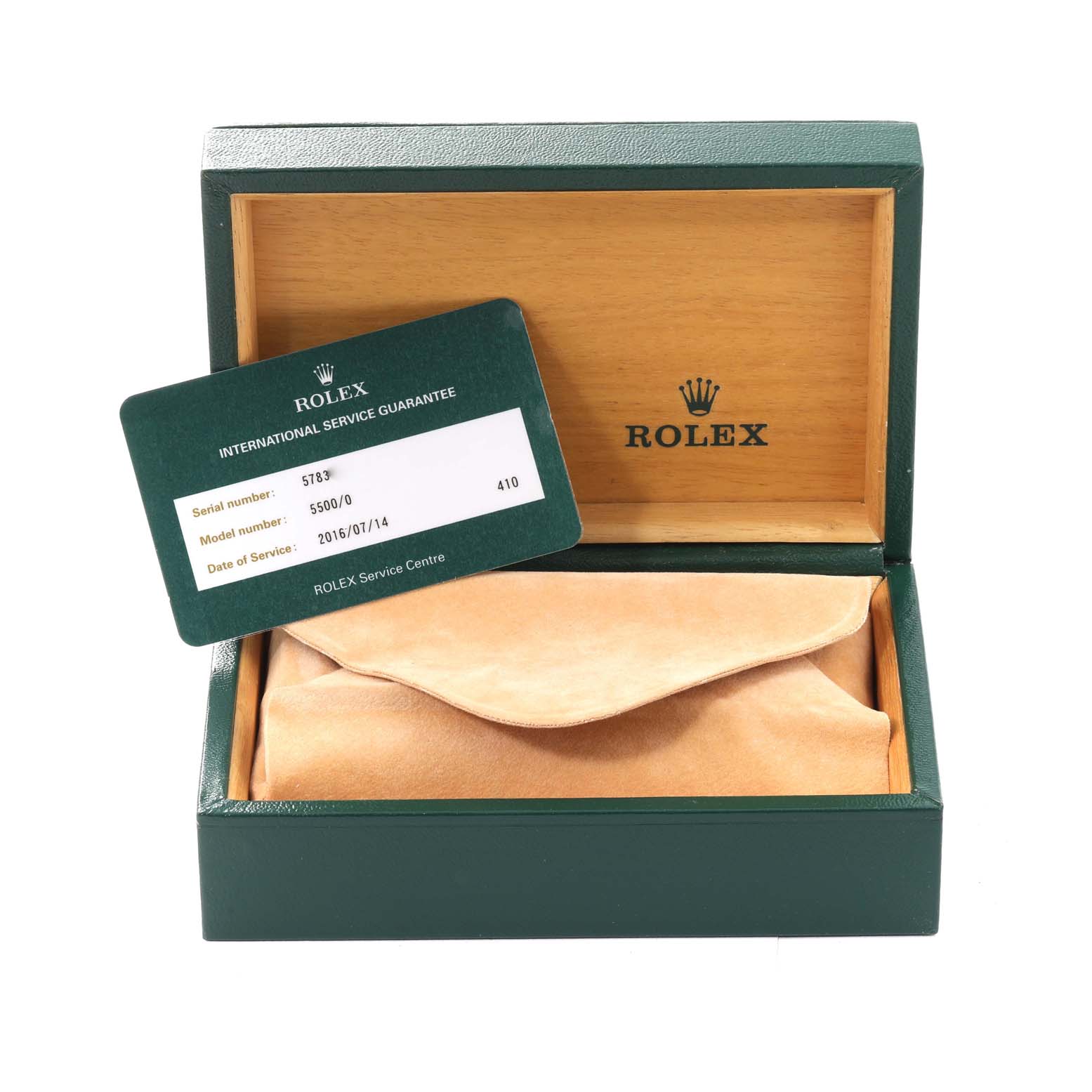 The image shows a Rolex Vintage Collection 5500 Men's Stainless Steel Silver Dial 5500 Men's Stainless Steel Silver Dial watch box and an International Service Guarantee card placed inside the box.