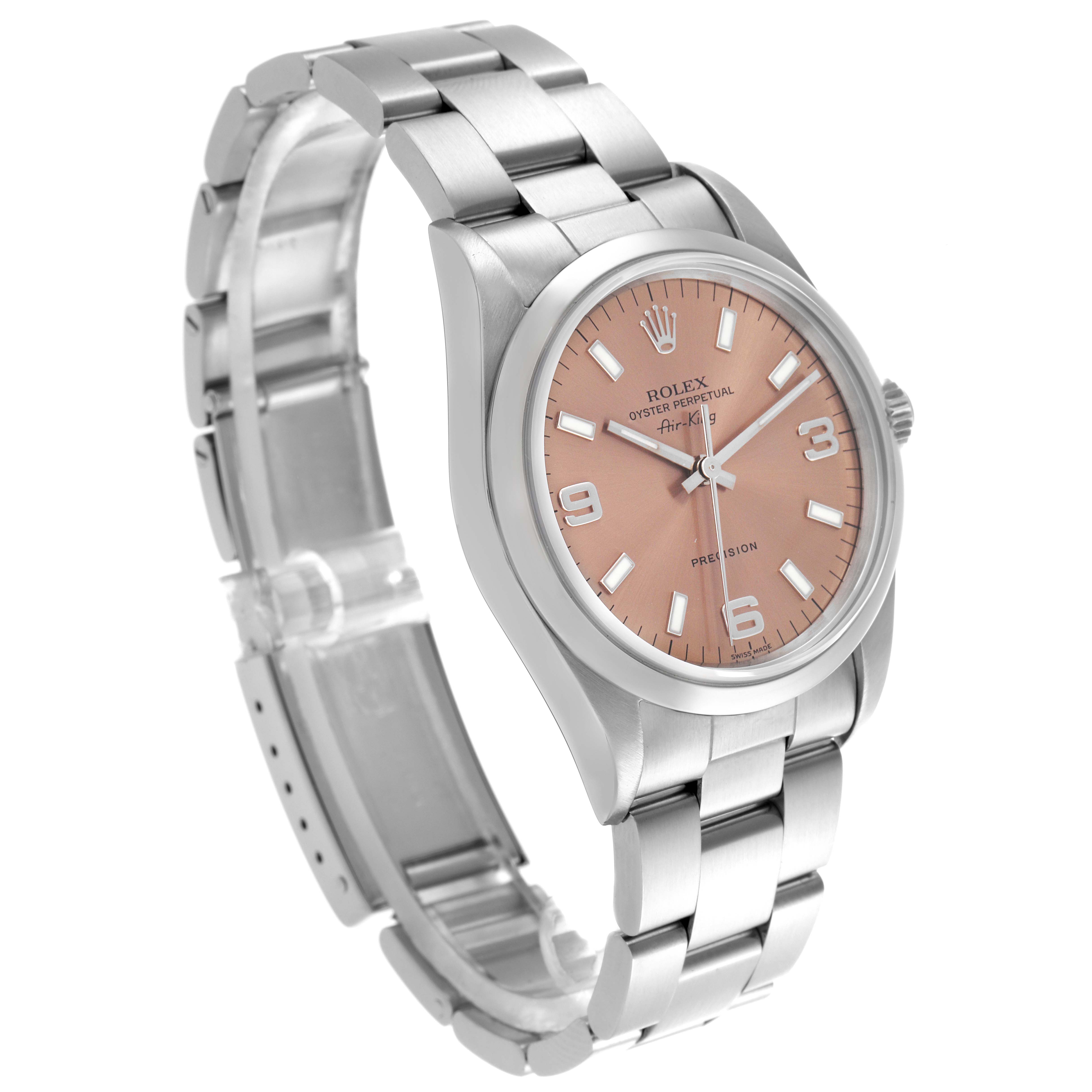 The Rolex Air-King 14000 Men's Stainless Steel Pink Dial 14000 Men's Stainless Steel Pink Dial watch is shown at a three-quarter angle, displaying the face, bezel, and bracelet clearly.