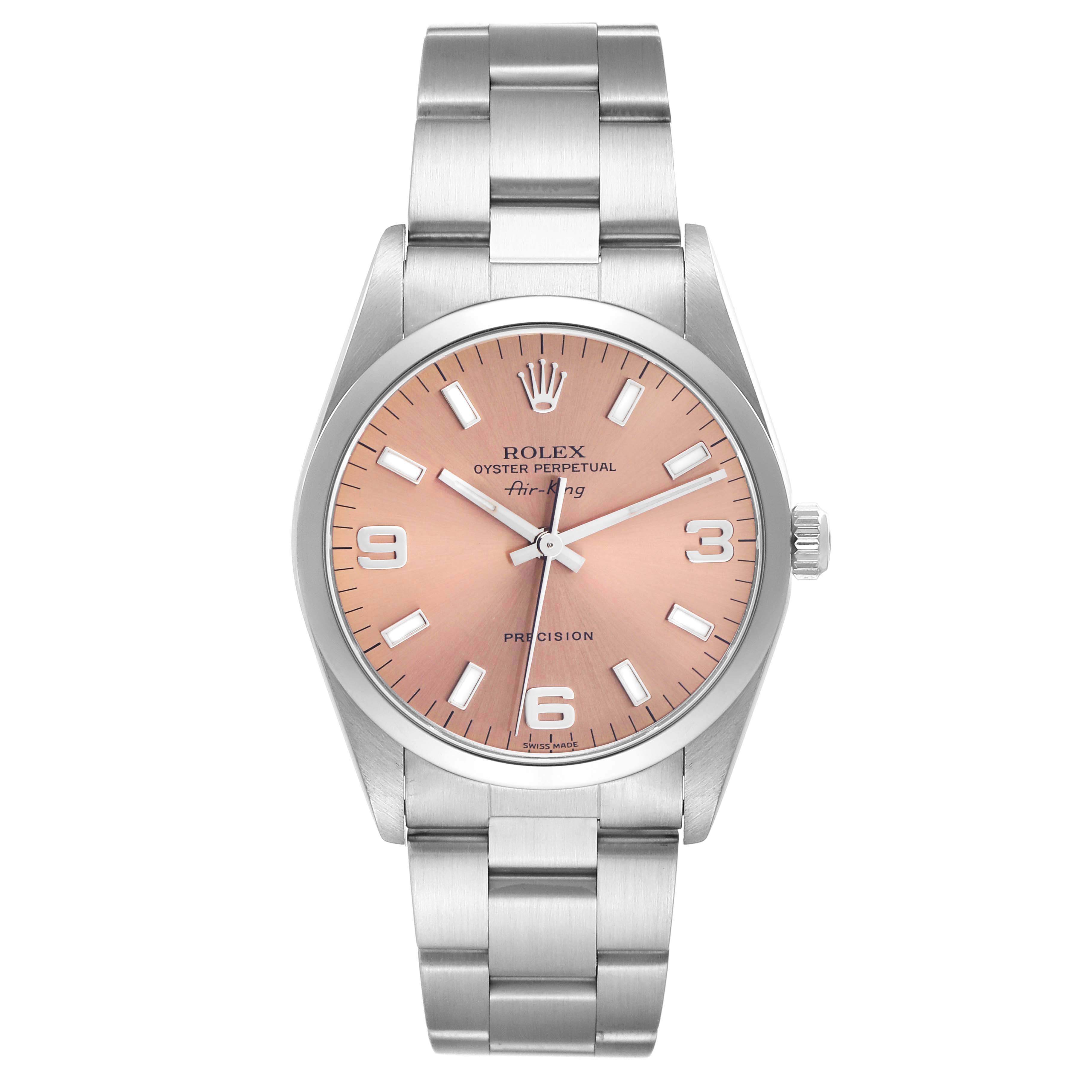 The Rolex Air-King 14000 Men's Stainless Steel Pink Dial 14000 Men's Stainless Steel Pink Dial watch is shown from a frontal angle, displaying the face, hands, case, crown, and bracelet.
