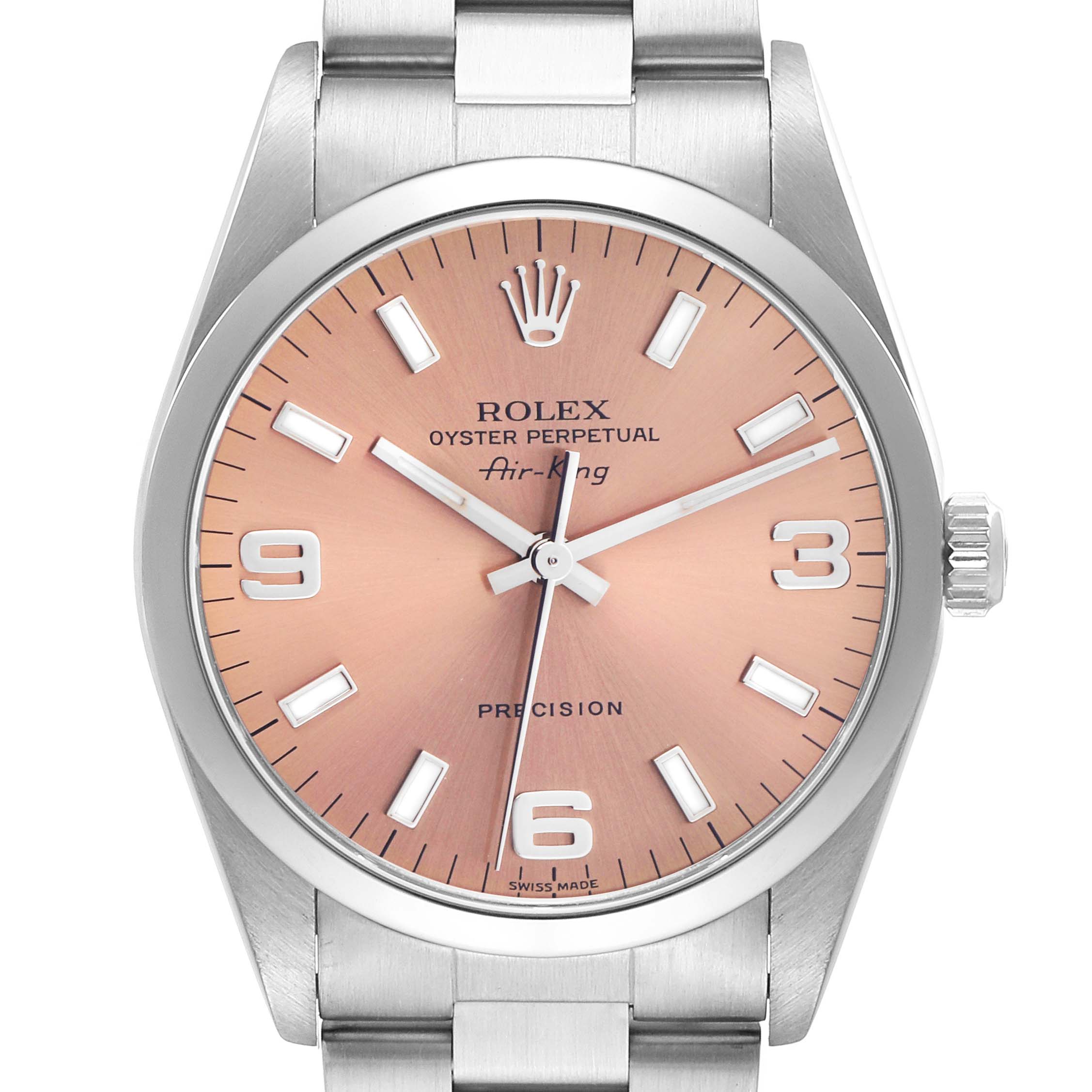 The Rolex Air-King 14000 Men's Stainless Steel Pink Dial 14000 Men's Stainless Steel Pink Dial watch is shown from a front angle, highlighting its dial, case, and part of the bracelet.