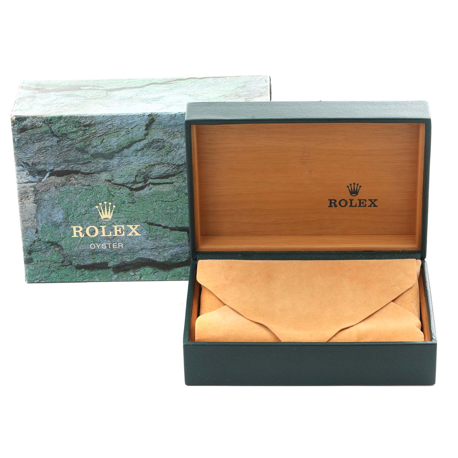 The image shows a Rolex Air-King 14000 Men's Stainless Steel Pink Dial 14000 Men's Stainless Steel Pink Dial watch box, open with a suede pouch inside, and an outer branded box in the background.