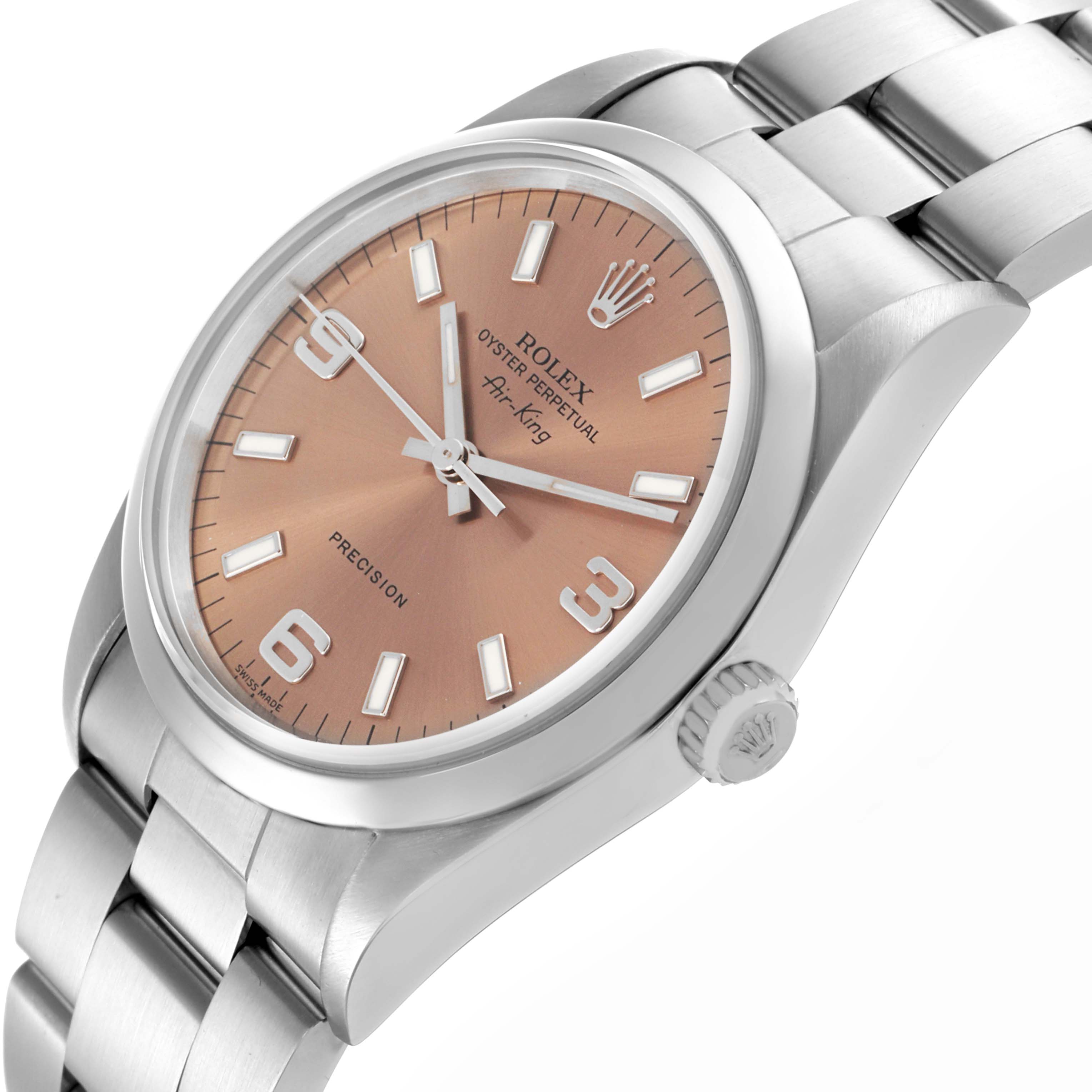 The Rolex Air-King 14000 Men's Stainless Steel Pink Dial 14000 Men's Stainless Steel Pink Dial watch is shown at a slight angle, displaying the dial, case, crown, and bracelet.