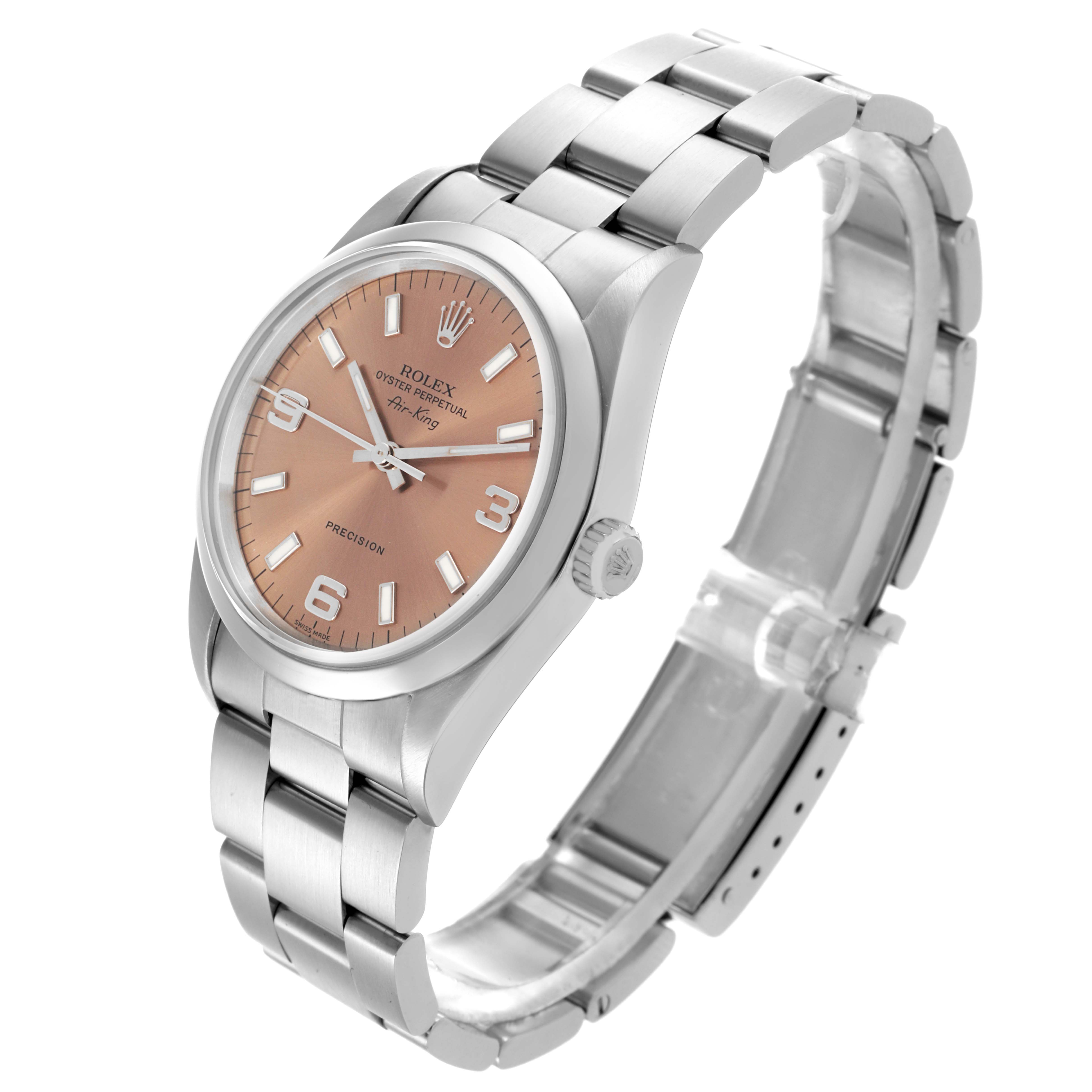 The Rolex Air-King 14000 Men's Stainless Steel Pink Dial 14000 Men's Stainless Steel Pink Dial watch is shown at a three-quarter angle, highlighting the dial, case, crown, and bracelet.