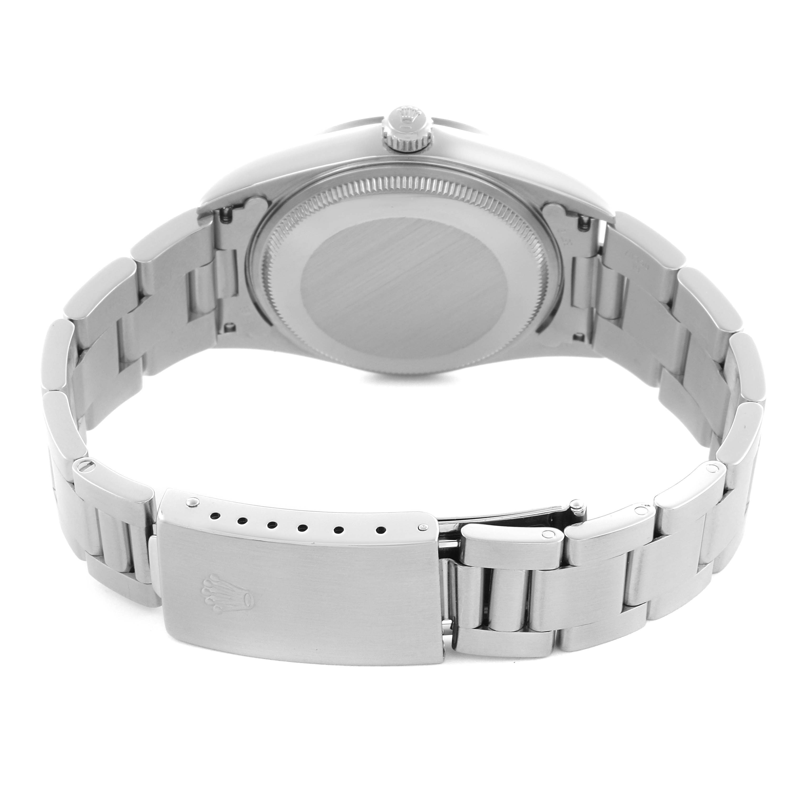 The image shows the Rolex Air-King 14000 Men's Stainless Steel Pink Dial 14000 Men's Stainless Steel Pink Dial watch from the back, highlighting the clasp, bracelet, and case back.