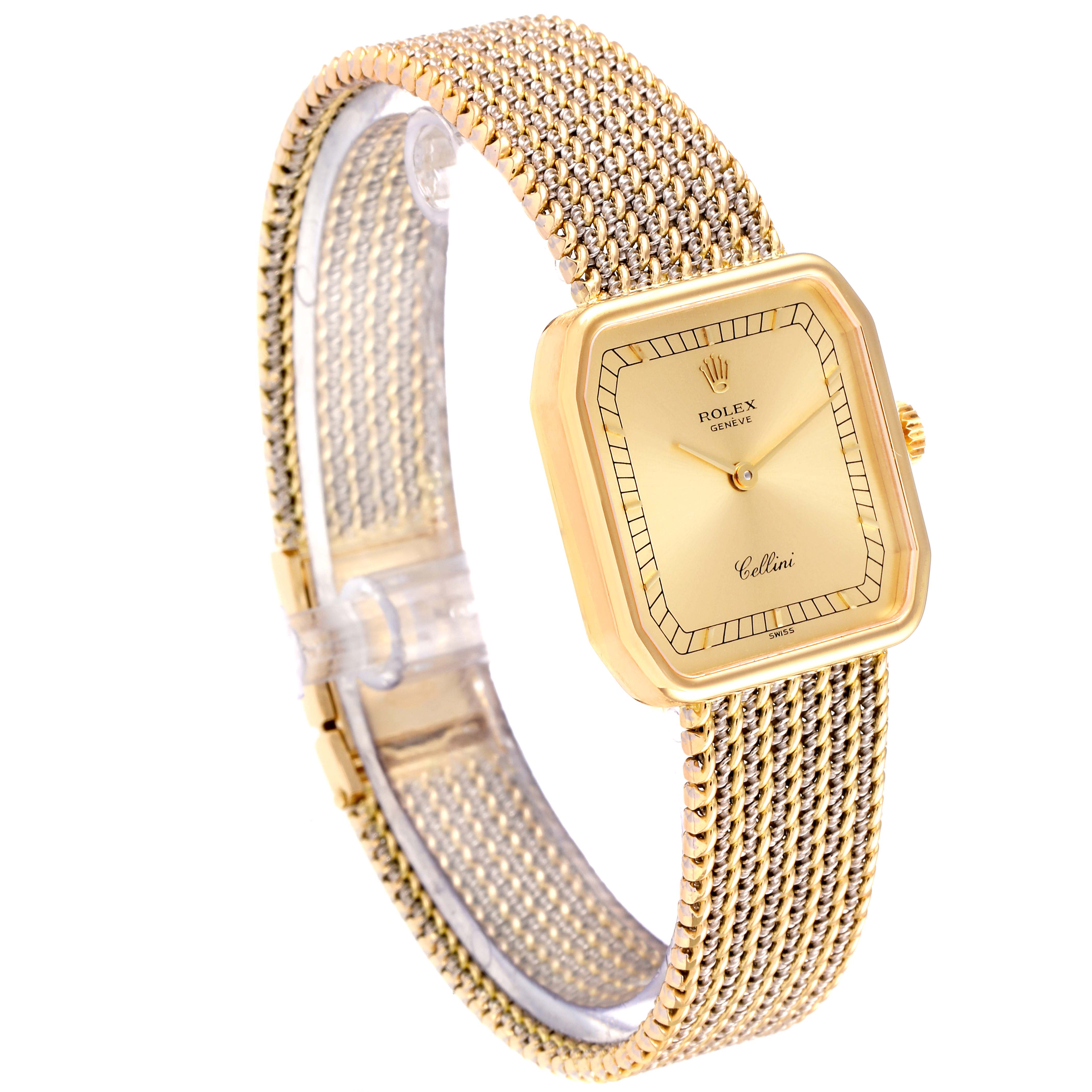 This is a side view of a Rolex Cellini 4347 Women's Yellow Gold Champagne Dial 4347 Women's Yellow Gold Champagne Dial watch, showcasing its gold case, dial, and mesh bracelet.