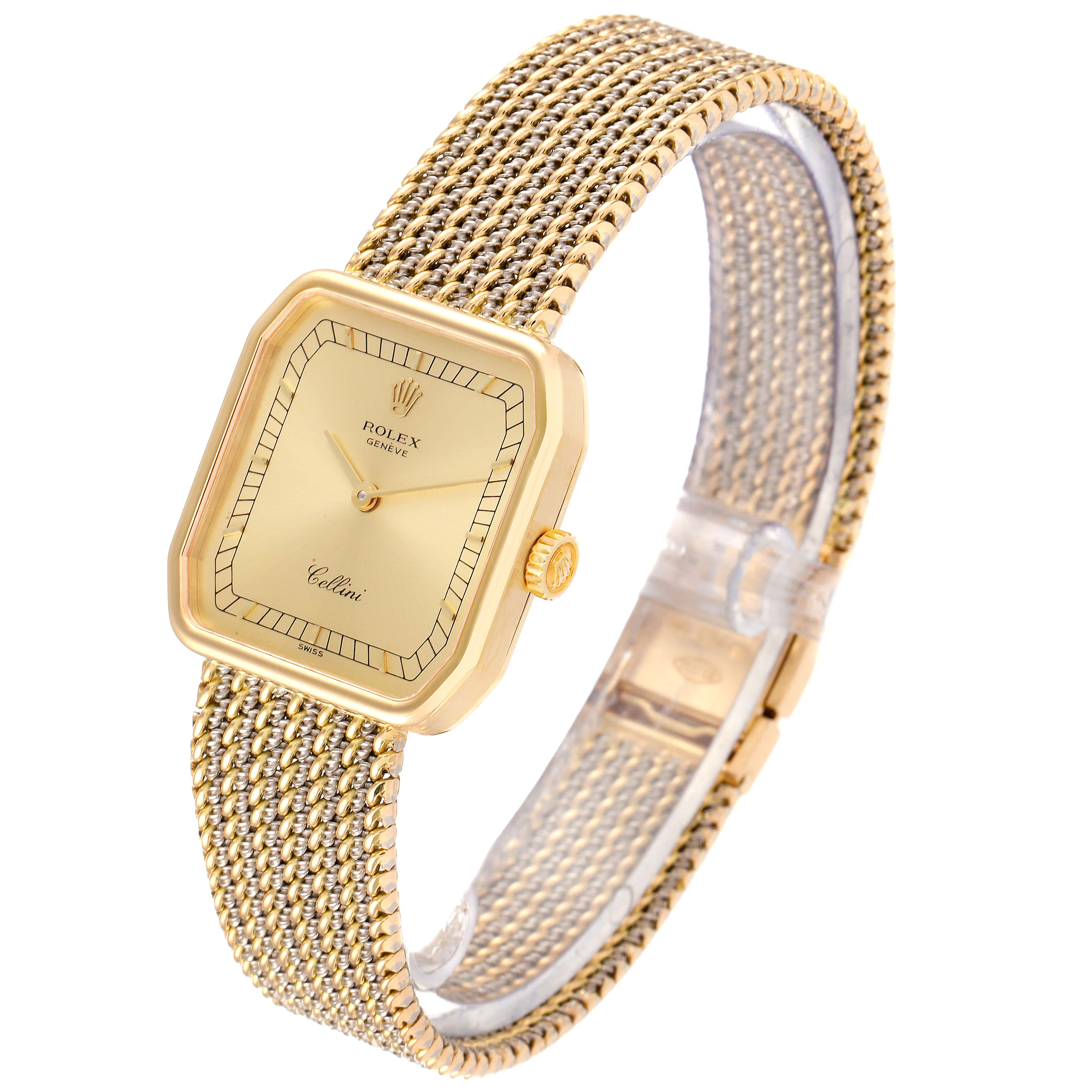 This Rolex Cellini 4347 Women's Yellow Gold Champagne Dial 4347 Women's Yellow Gold Champagne Dial watch is shown at a slight side angle, displaying its rectangular face, gold-tone case, woven bracelet, and crown.