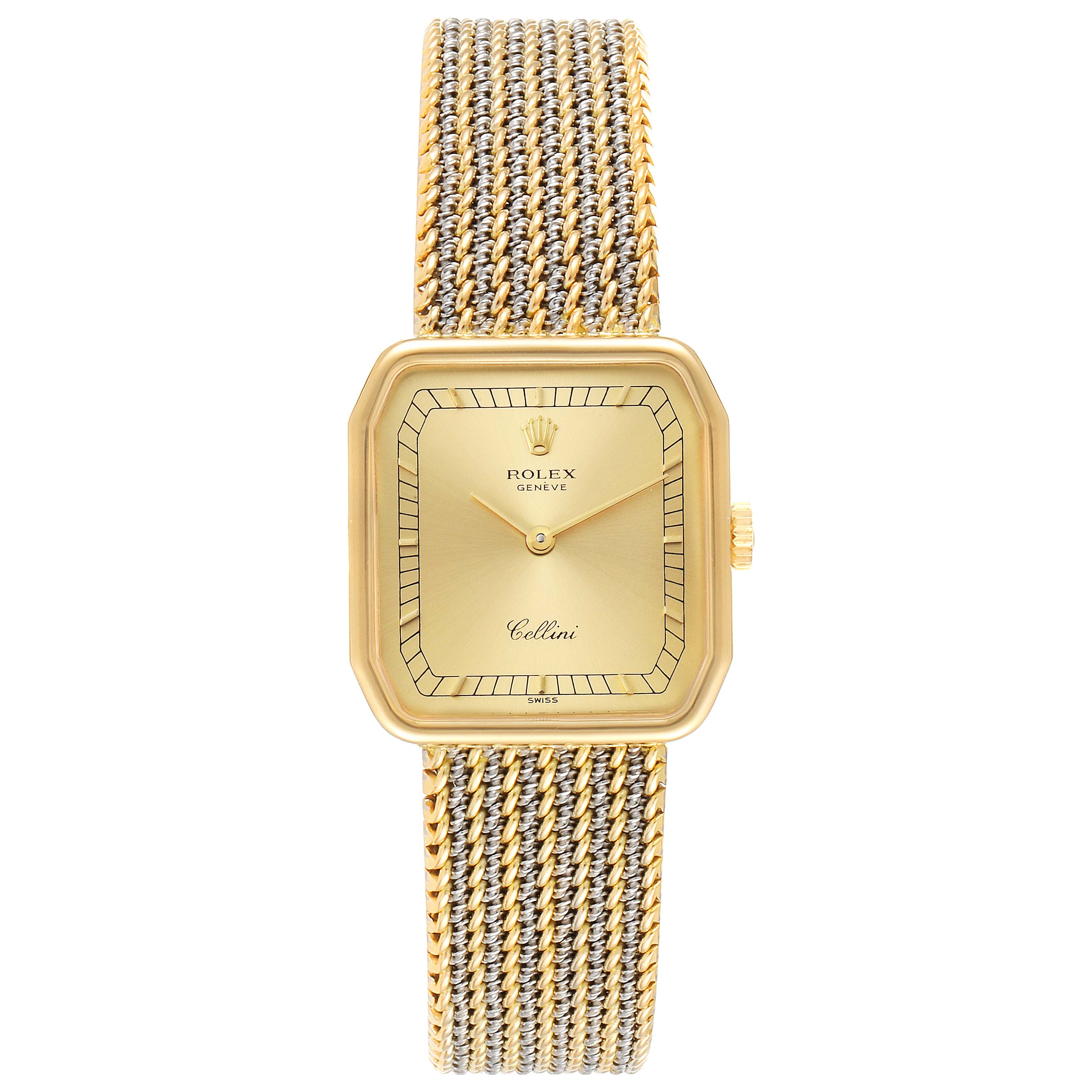 The image shows a front view of a Rolex Cellini 4347 Women's Yellow Gold Champagne Dial 4347 Women's Yellow Gold Champagne Dial watch featuring its rectangular face, hands, dial, crown, and woven gold-metal band.