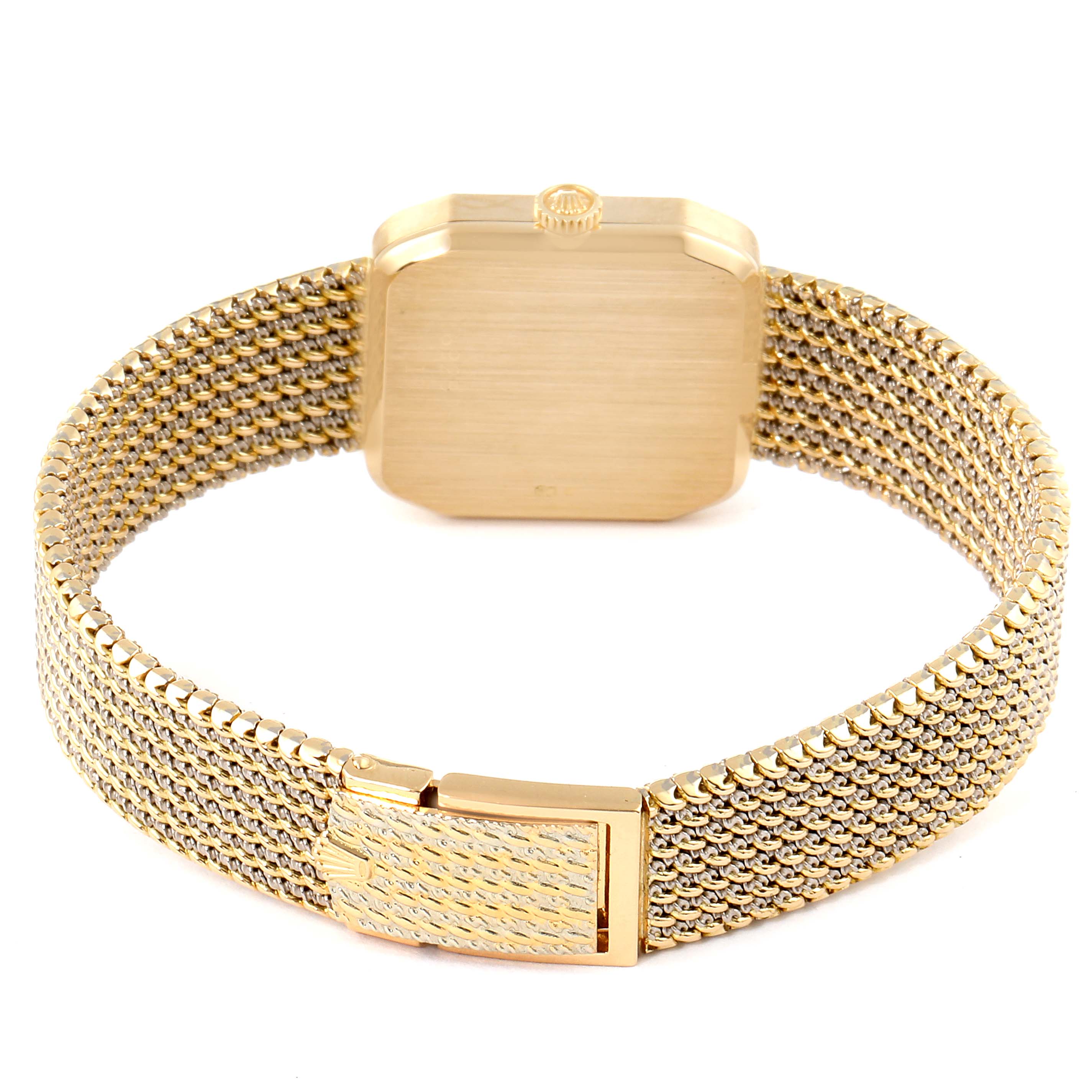 The image shows the back of a Rolex Cellini 4347 Women's Yellow Gold Champagne Dial 4347 Women's Yellow Gold Champagne Dial watch, highlighting its gold mesh bracelet and clasp.
