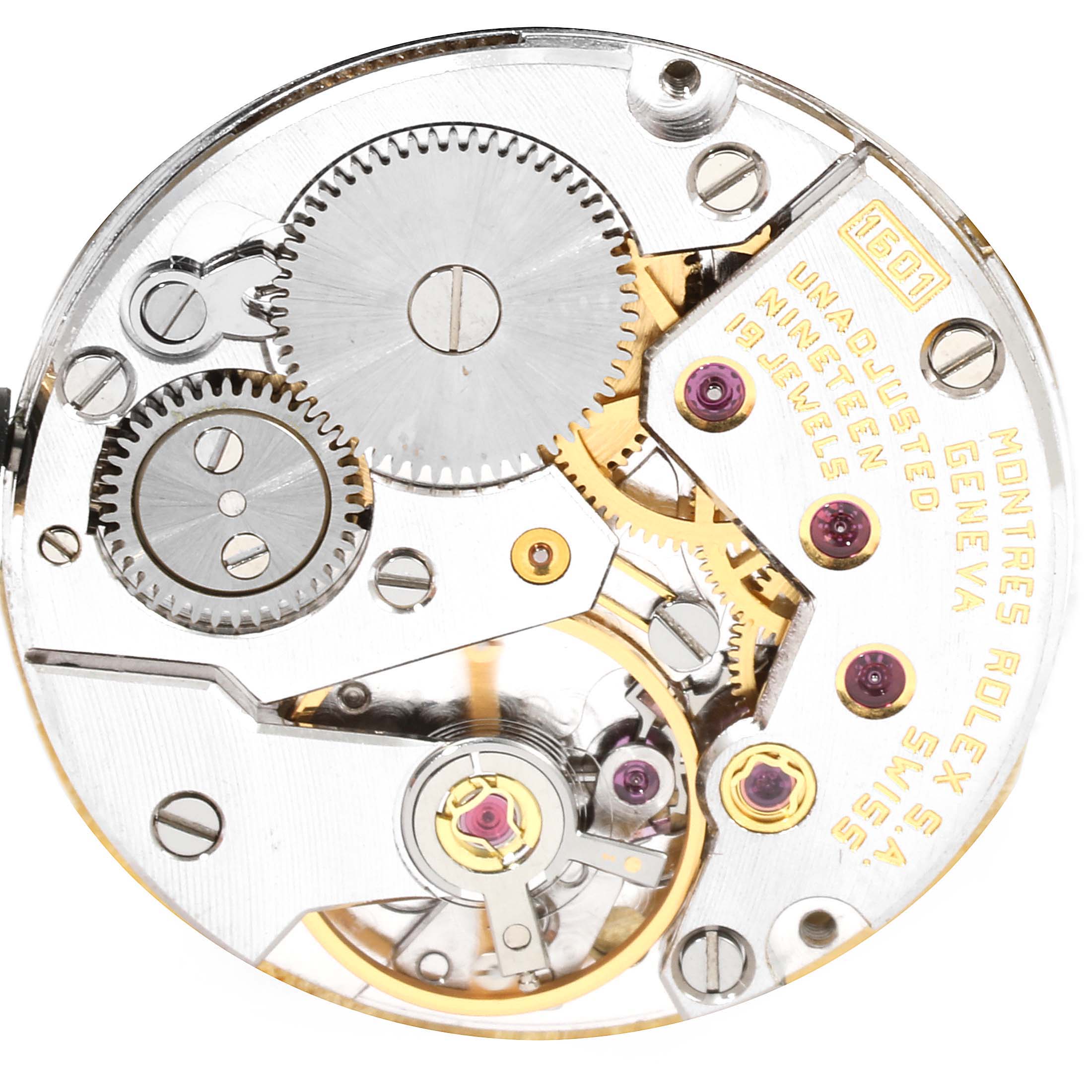 This image shows the internal mechanical movement of a Rolex Cellini 4347 Women's Yellow Gold Champagne Dial 4347 Women's Yellow Gold Champagne Dial watch from a top-down angle.