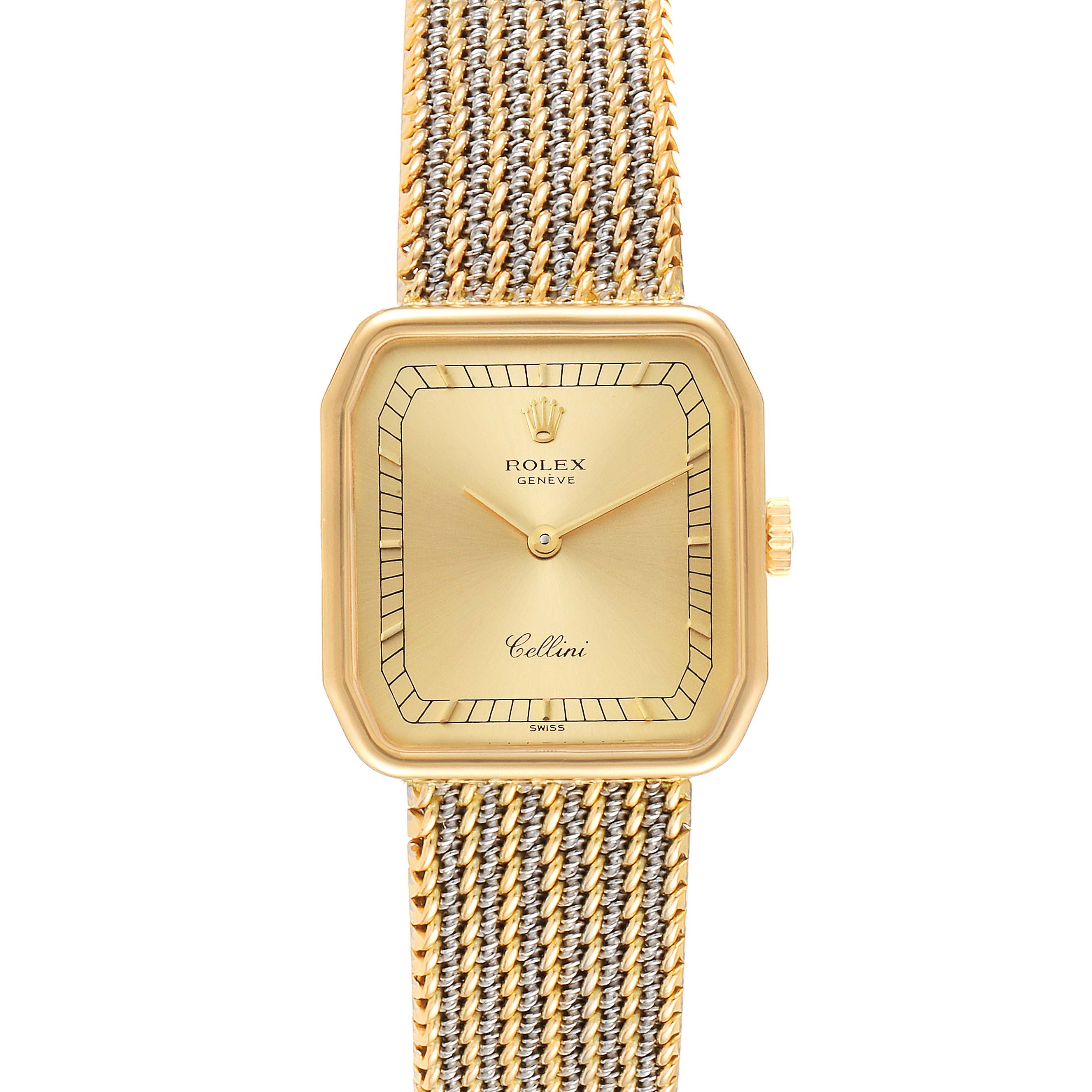 The image shows a front view of a Rolex Cellini 4347 Women's Yellow Gold Champagne Dial 4347 Women's Yellow Gold Champagne Dial watch, highlighting its square case, dial, hands, and woven metal strap.