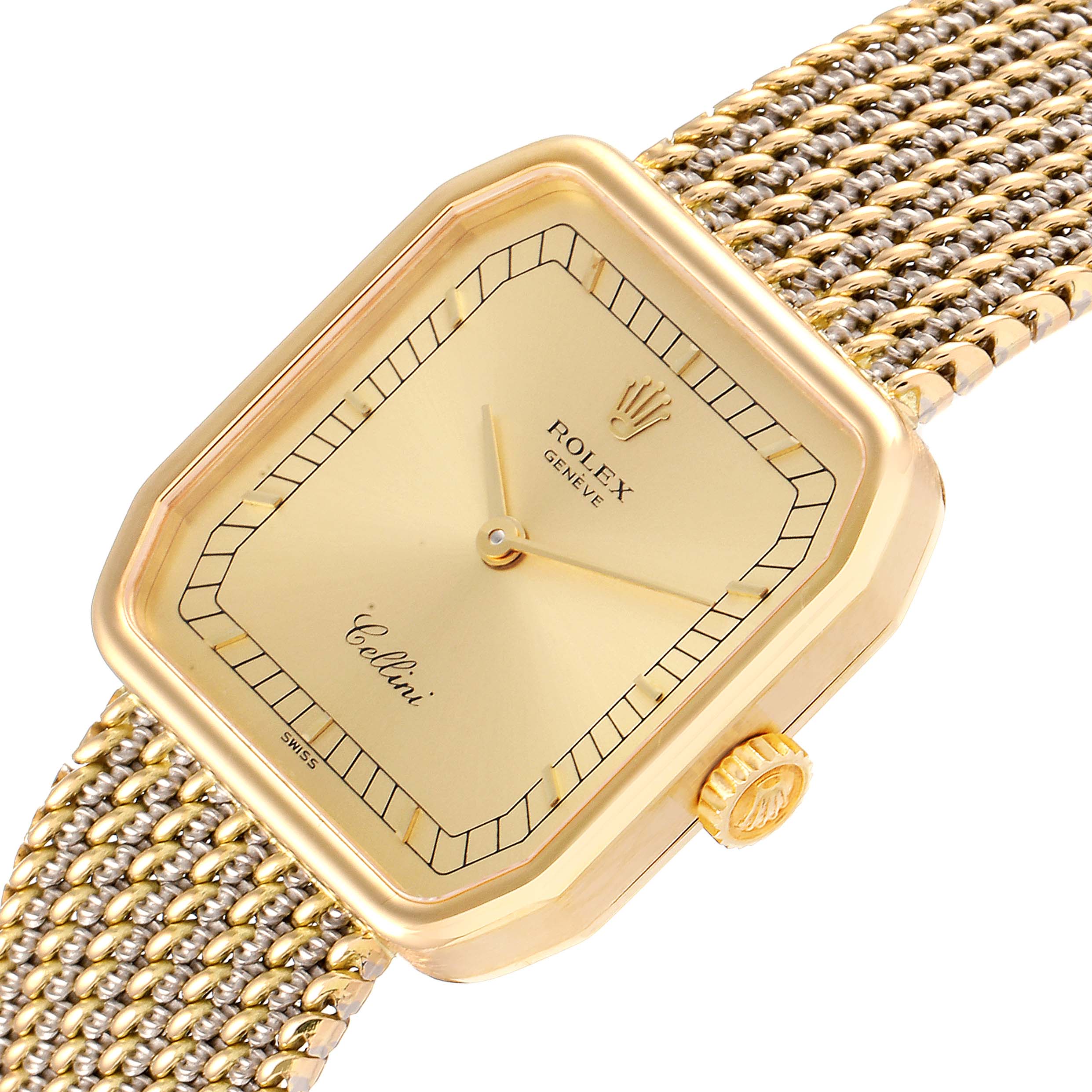 This image shows a close-up angle of the Rolex Cellini 4347 Women's Yellow Gold Champagne Dial 4347 Women's Yellow Gold Champagne Dial watch face and part of its gold linked band.
