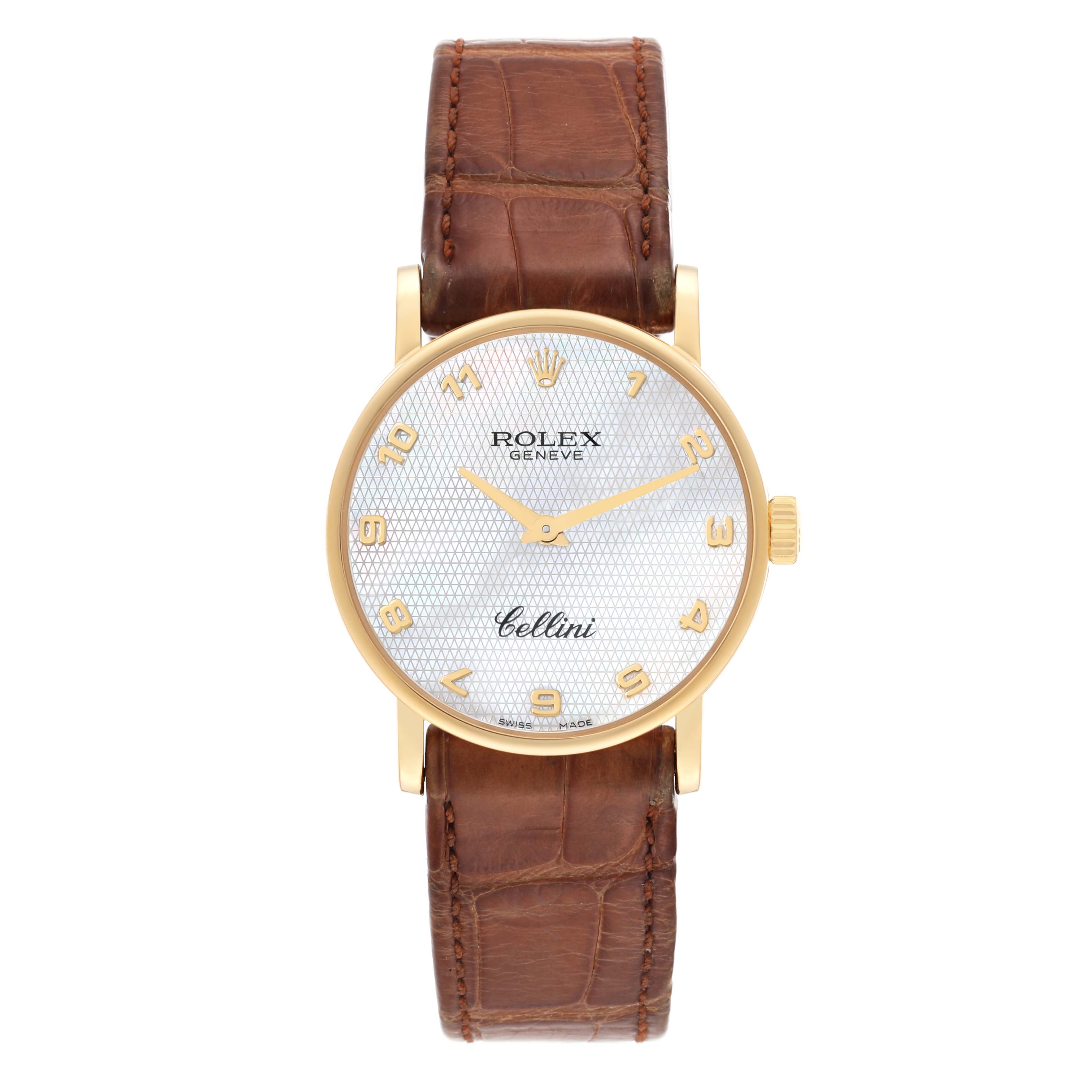The image shows a front view of a Rolex Cellini 5115 Men
s Yellow Gold Mother of Pearl Dial 5115 Men
s Yellow Gold Mother of Pearl Dial watch with a brown leather strap and gold case.