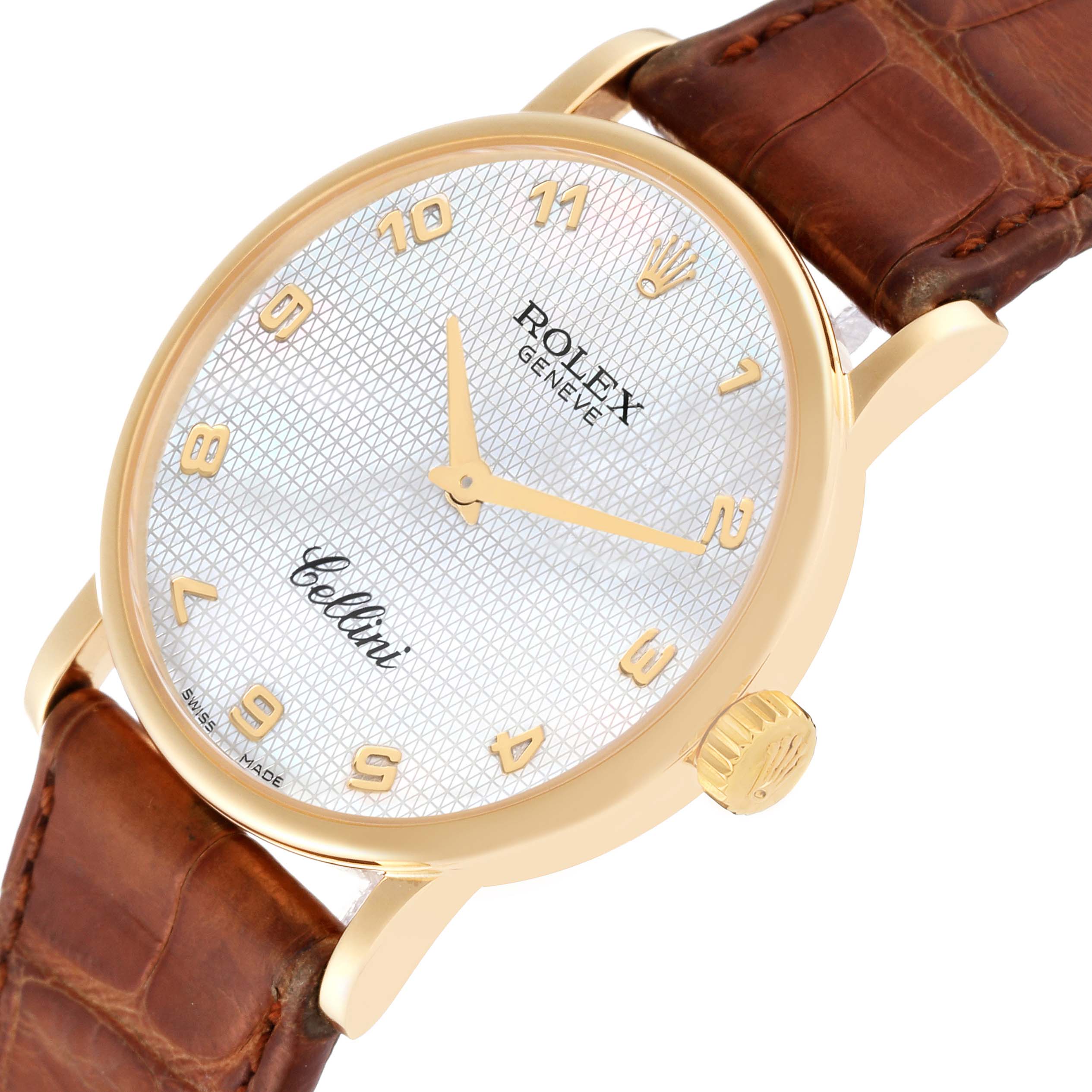 This is an angled view of the Rolex Cellini 5115 Men
s Yellow Gold Mother of Pearl Dial 5115 Men
s Yellow Gold Mother of Pearl Dial watch showing the dial, case, crown, and brown leather strap.