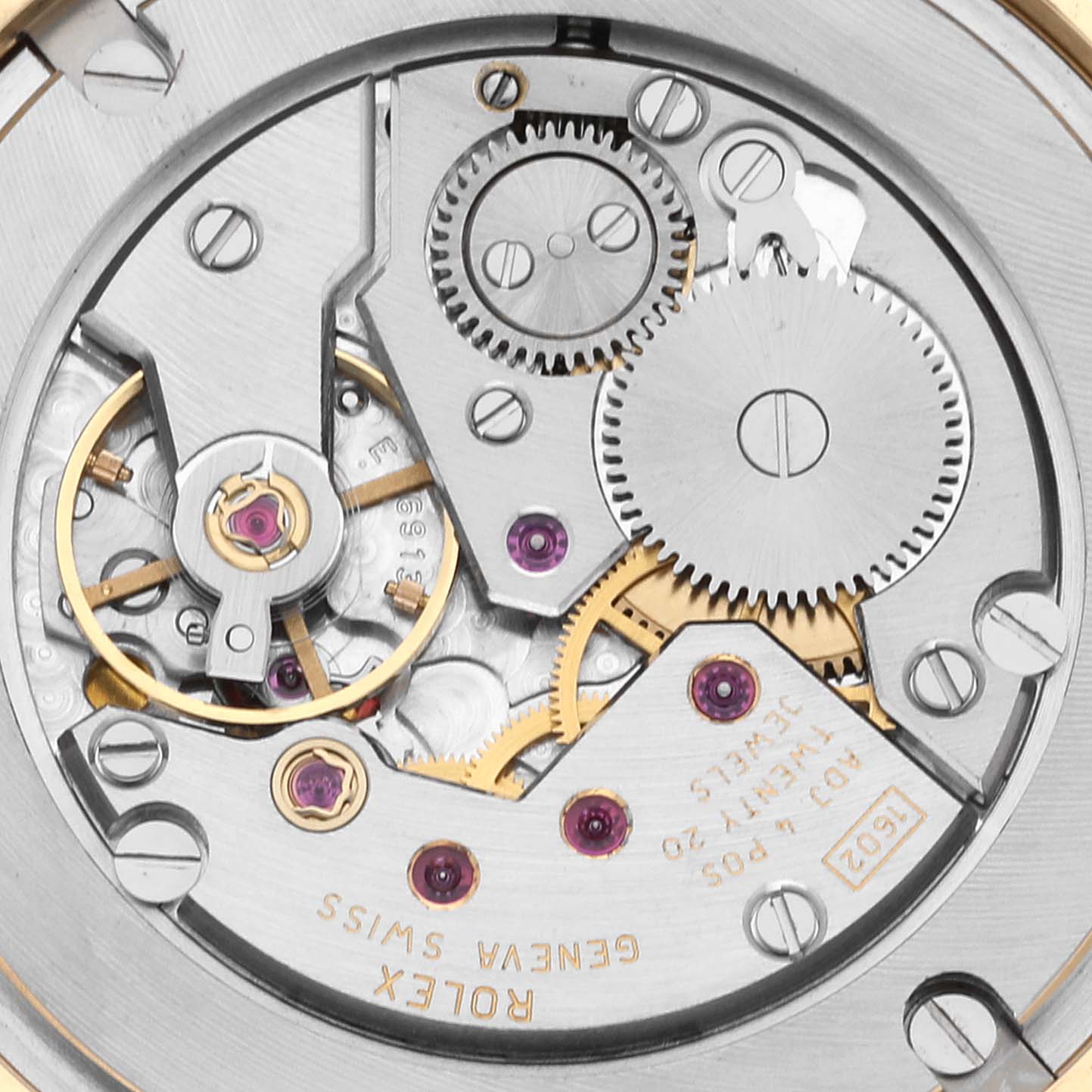 This image shows a detailed close-up of the movement parts inside a Rolex Cellini 5115 Men
s Yellow Gold Mother of Pearl Dial 5115 Men
s Yellow Gold Mother of Pearl Dial watch.