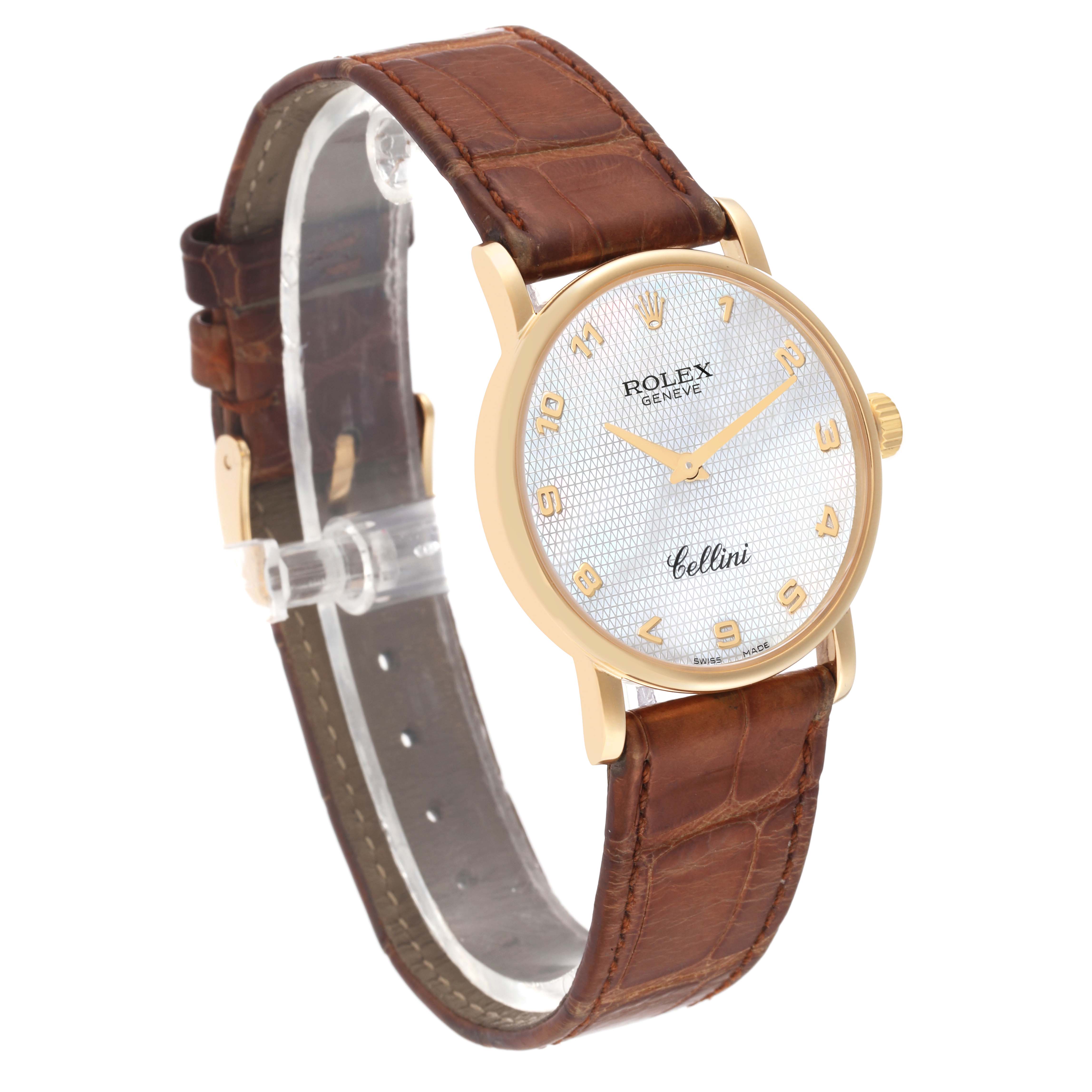 This Rolex Cellini 5115 Men
s Yellow Gold Mother of Pearl Dial 5115 Men
s Yellow Gold Mother of Pearl Dial watch is shown at a three-quarter angle, displaying its face, gold case, and brown leather strap.
