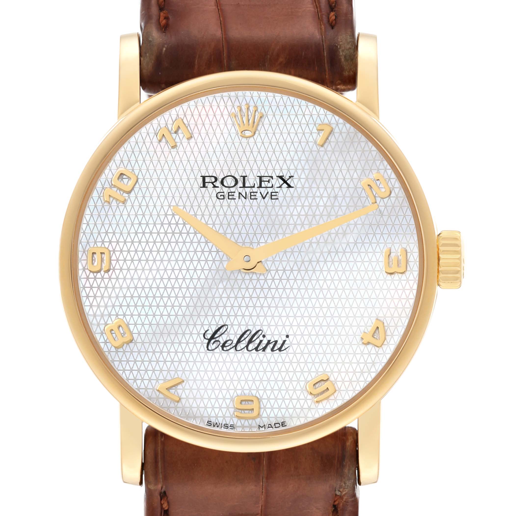 This image shows the front view of a Rolex Cellini 5115 Men
s Yellow Gold Mother of Pearl Dial 5115 Men
s Yellow Gold Mother of Pearl Dial watch, highlighting the dial, hands, markers, and part of the strap.
