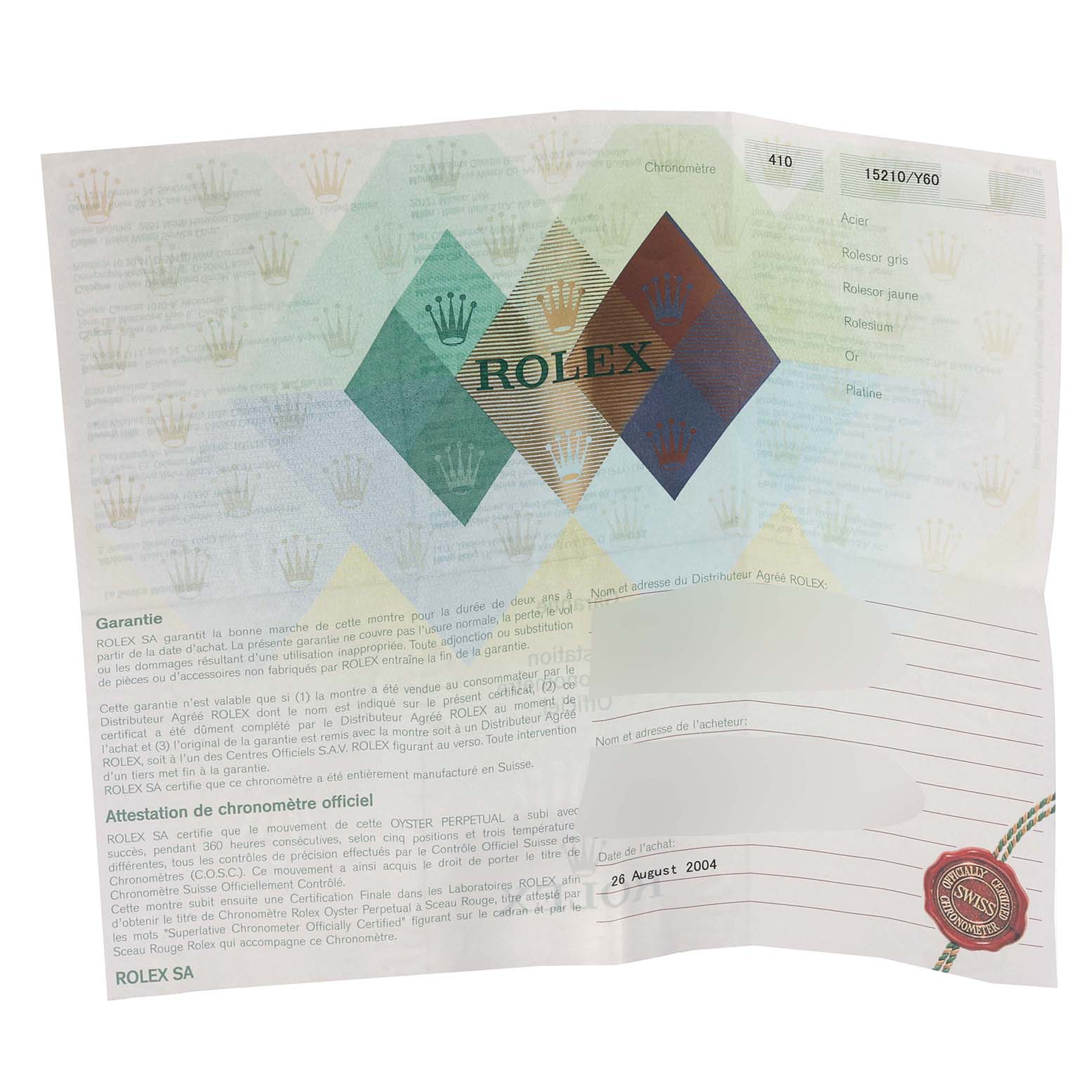 This image shows the official Rolex warranty and certificate paper for the Rolex Date 15210 Men's Stainless Steel Blue Dial 15210 Men's Stainless Steel Blue Dial model watch.