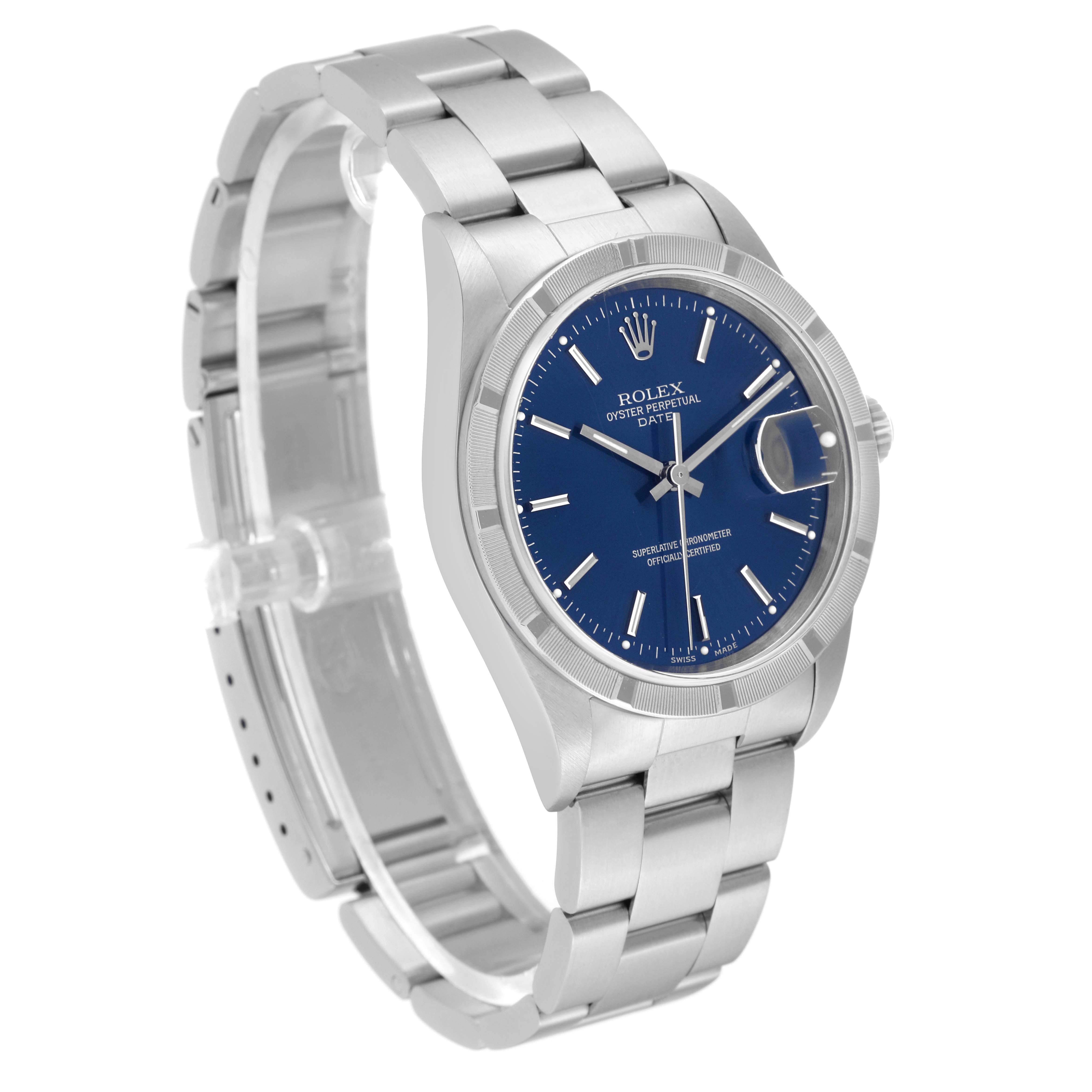 The image shows a Rolex Date 15210 Men's Stainless Steel Blue Dial 15210 Men's Stainless Steel Blue Dial model watch angled to display its stainless steel band, blue dial, and magnified date window.