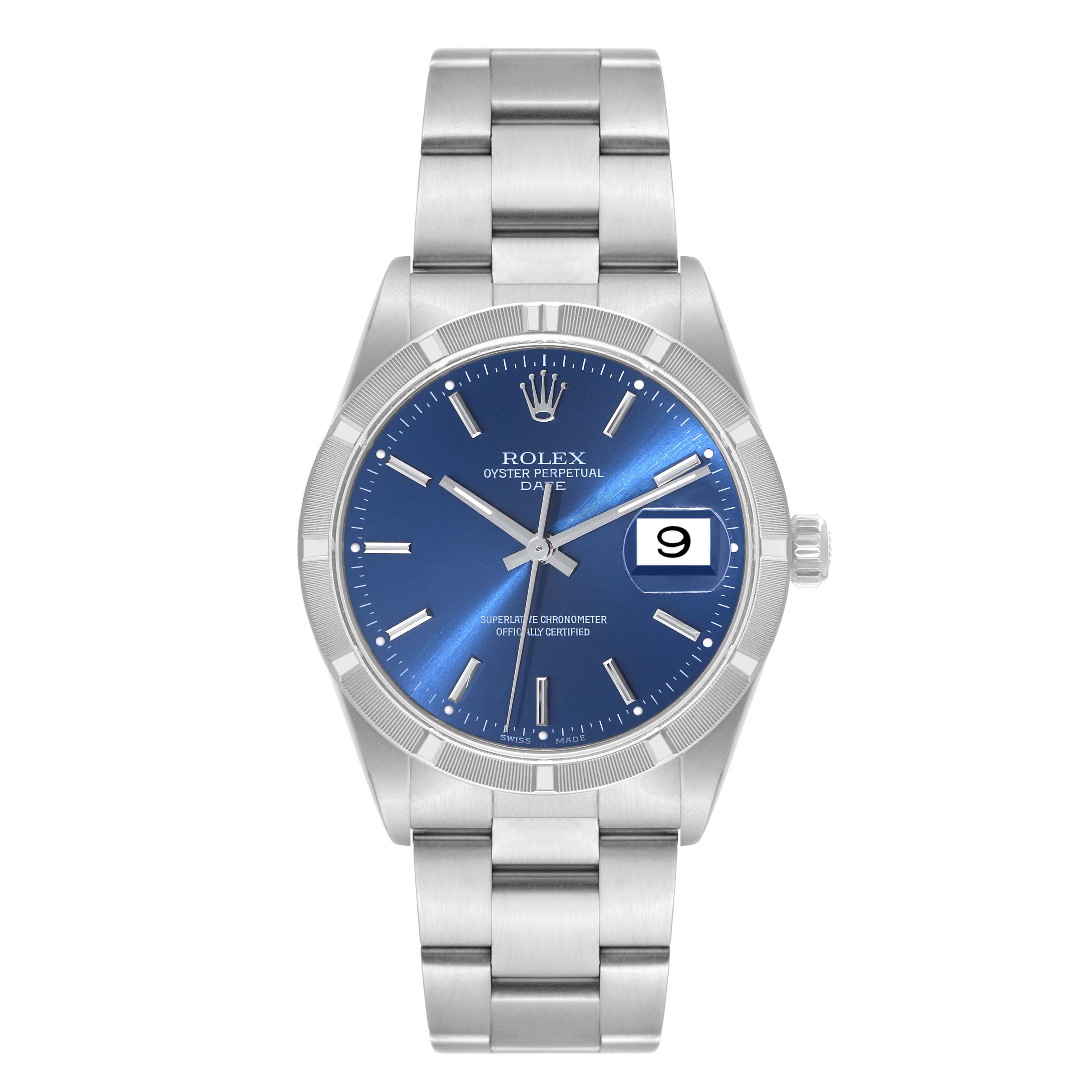 This image shows a front view of the Rolex Date 15210 Men's Stainless Steel Blue Dial 15210 Men's Stainless Steel Blue Dial model watch, featuring a blue dial, date display, and stainless steel bracelet.
