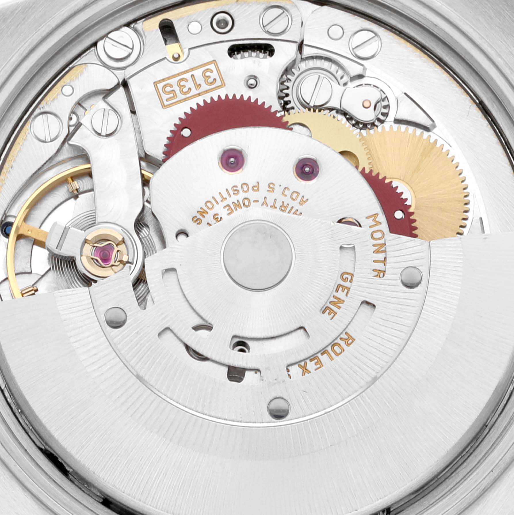 The image shows the intricate internal mechanism of a Rolex Date 15210 Men's Stainless Steel Blue Dial 15210 Men's Stainless Steel Blue Dial model watch, viewed from the back.