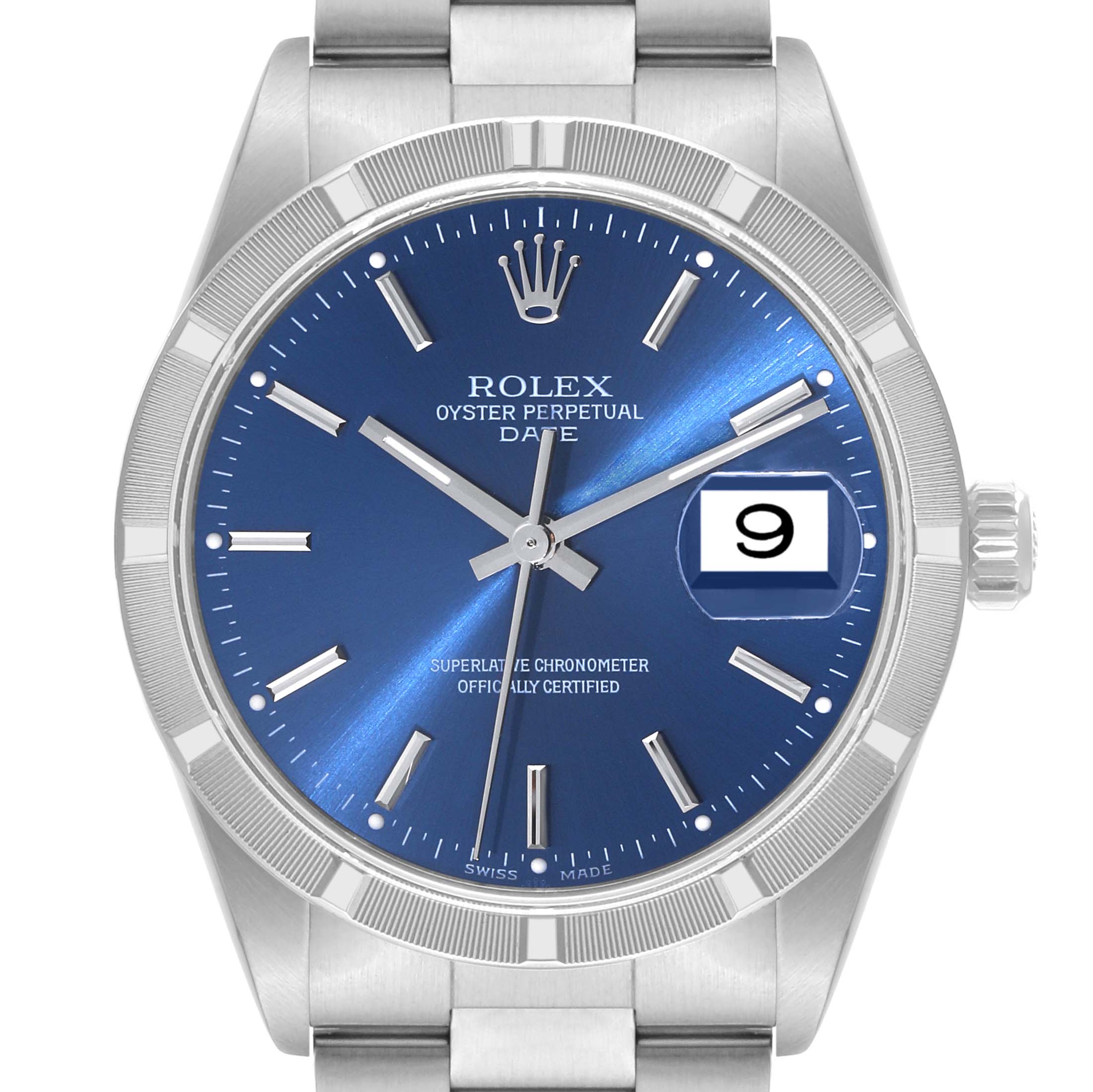 The image shows a front view of a Rolex Date 15210 Men's Stainless Steel Blue Dial 15210 Men's Stainless Steel Blue Dial watch, featuring a blue dial, fluted bezel, and a date window.
