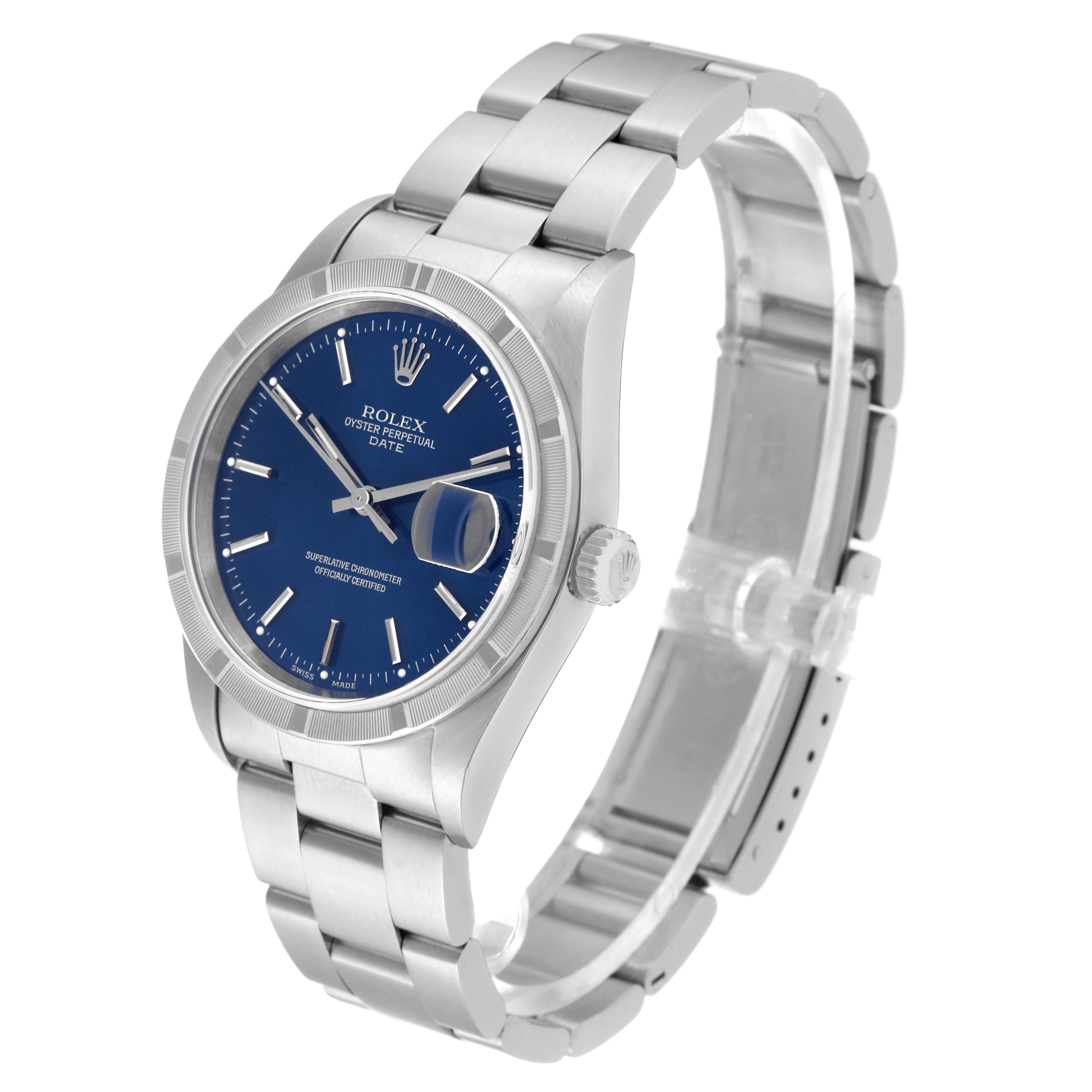 This image shows a side-angle view of a Rolex Date 15210 Men's Stainless Steel Blue Dial 15210 Men's Stainless Steel Blue Dial model watch, featuring its blue dial, bezel, crown, and bracelet.