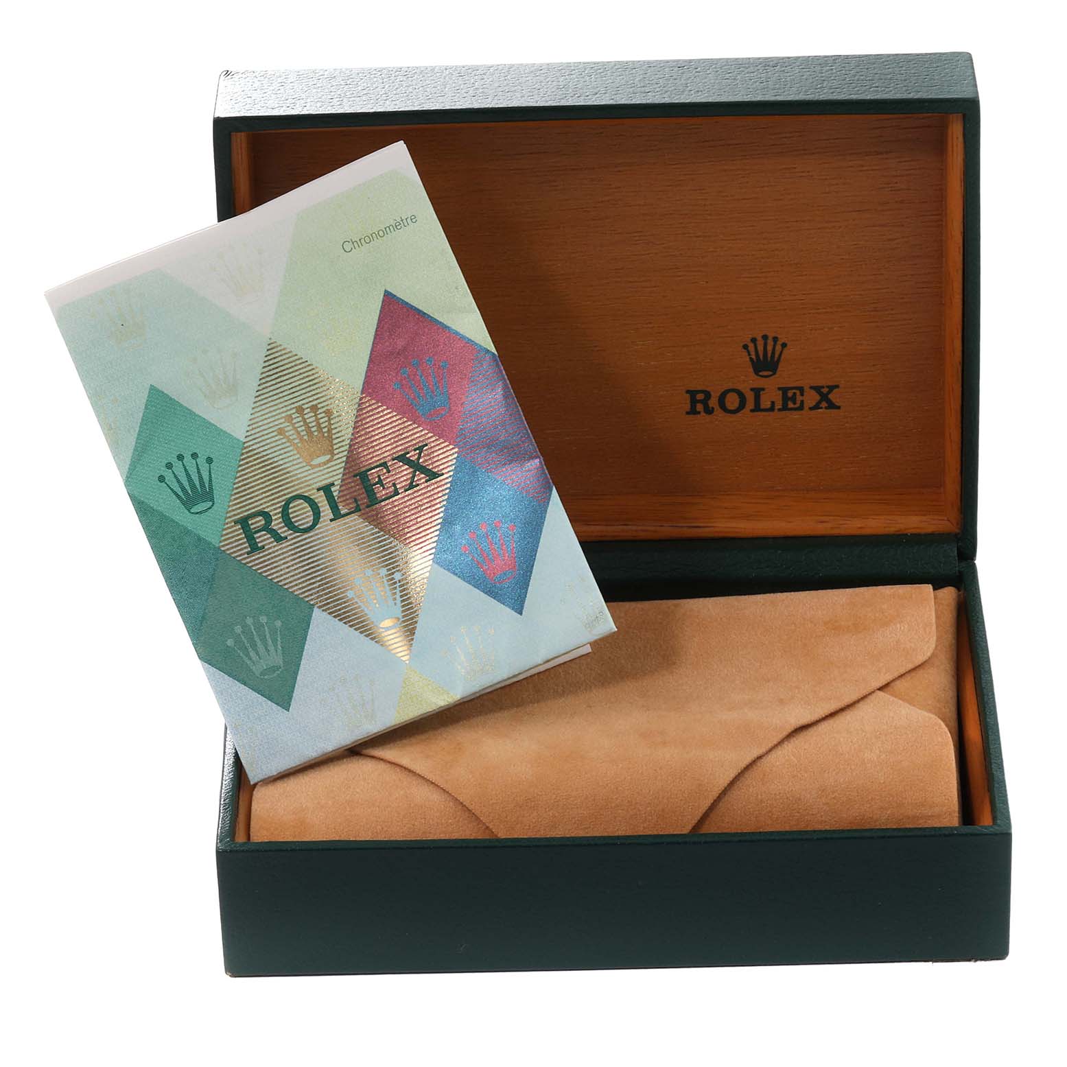 The image shows the packaging and manual of a Rolex Date 15210 Men's Stainless Steel Blue Dial 15210 Men's Stainless Steel Blue Dial model watch.